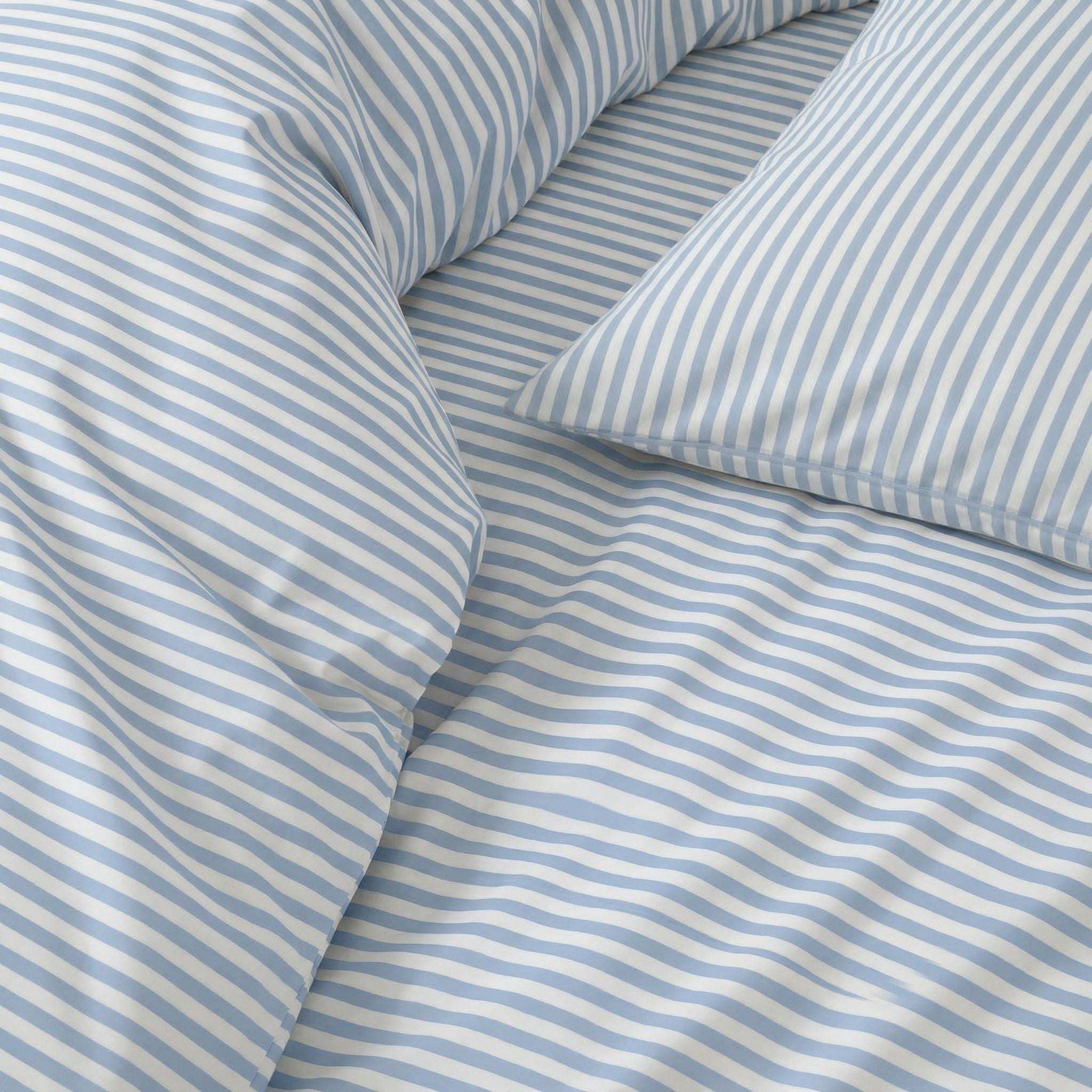 Luxe Australian Sateen Bedding in blue and white striped cotton, with matching duvet cover and pillowcases