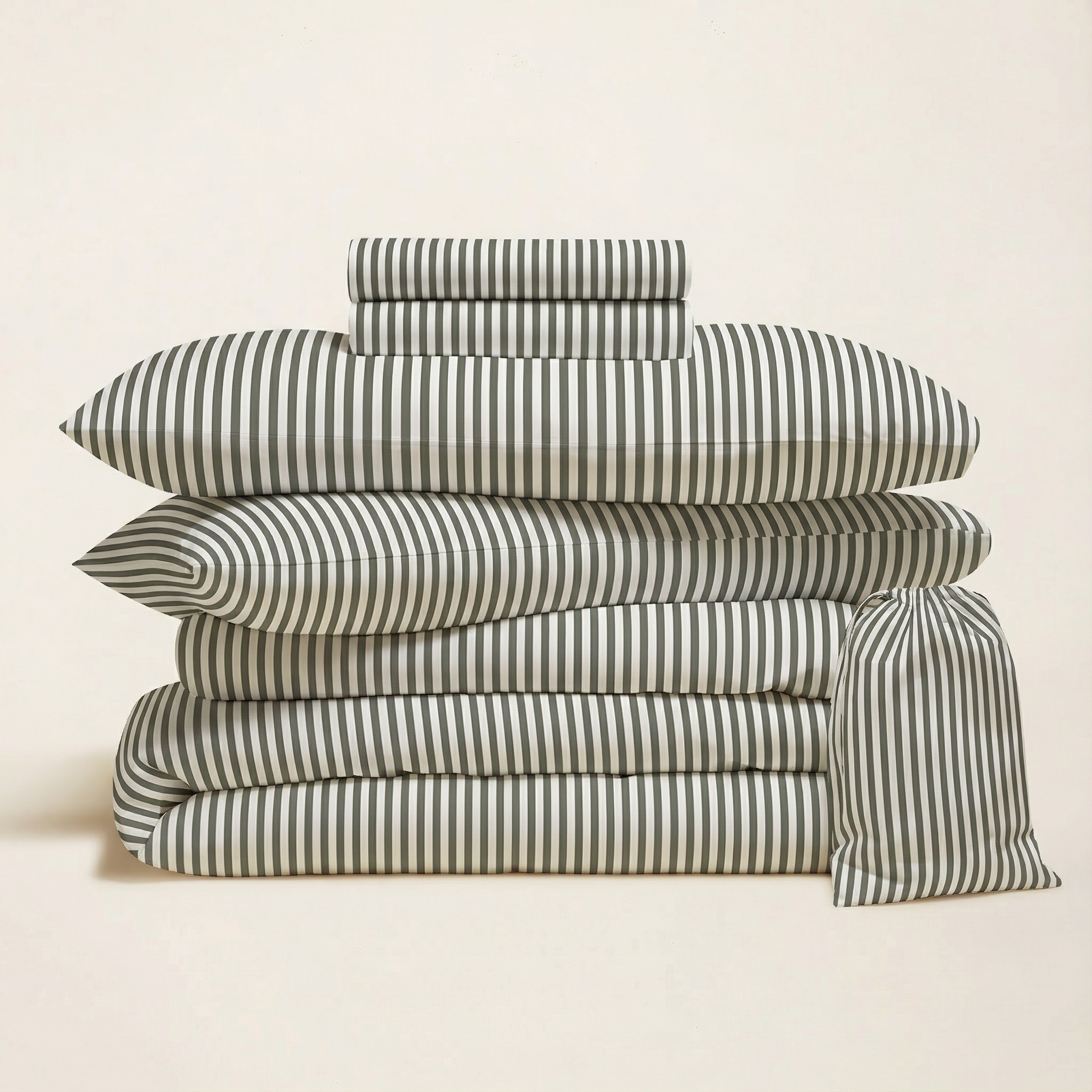 Luxe Australian Sateen Bedding bundle in ivory cotton with narrow charcoal stripes, folded sheets and pillowcases