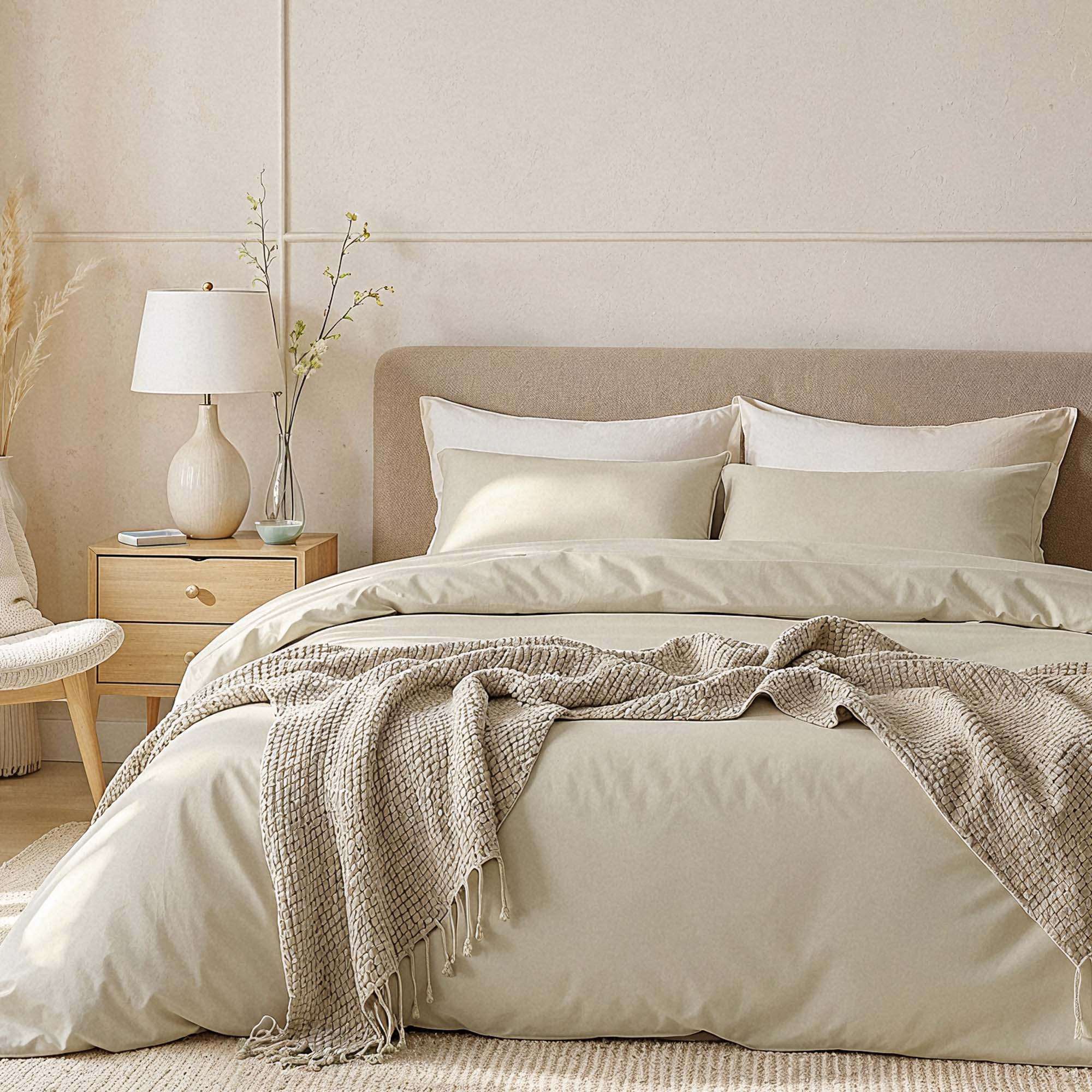 Luxe Australian Sateen Bedding in ivory cotton with a smooth, solid-color duvet cover and matching pillowcases