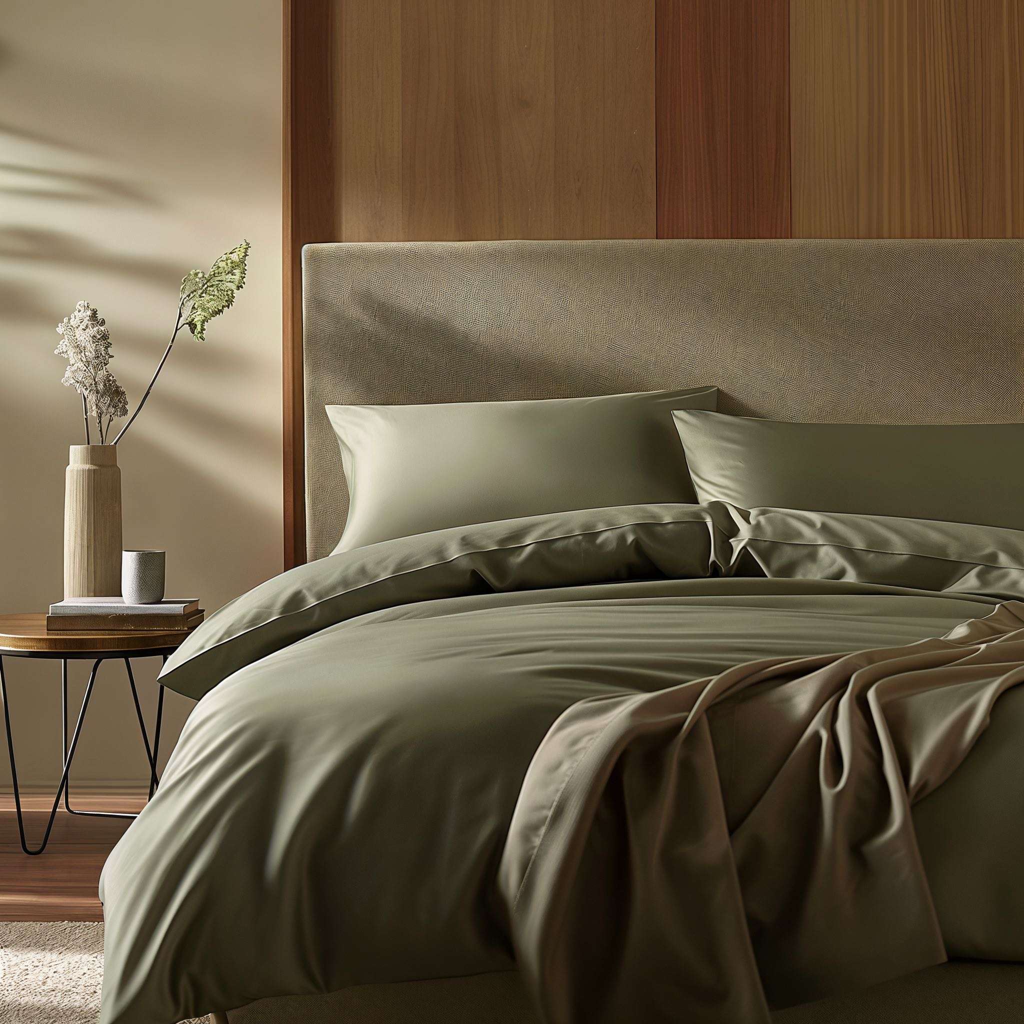 Luxe Australian Sateen Bedding in smooth olive green cotton with a lustrous sateen weave and relaxed draping