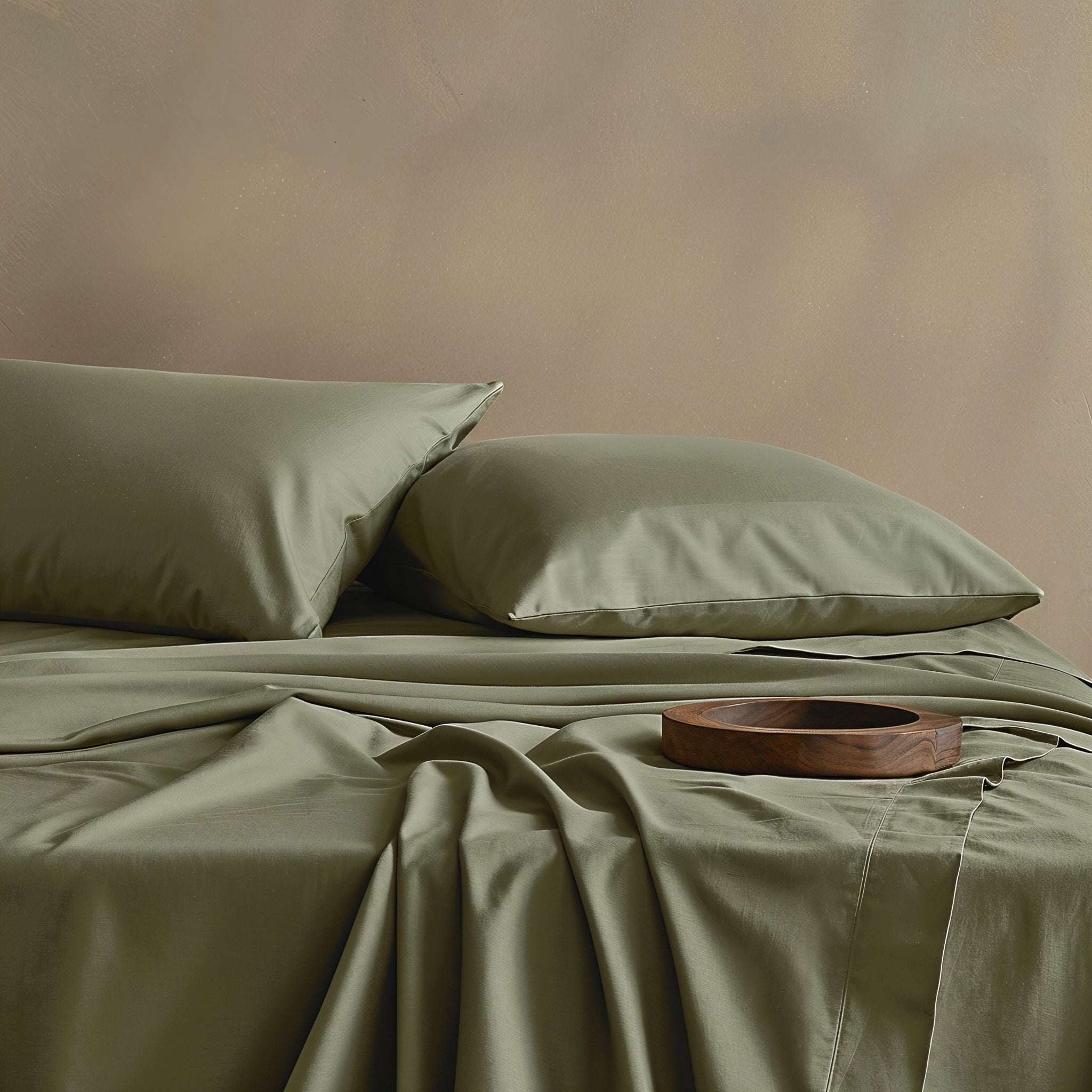 Bedding set in olive green cotton sateen with smooth, lustrous sheets and matching pillowcases; Luxe Australian Sateen Bedding