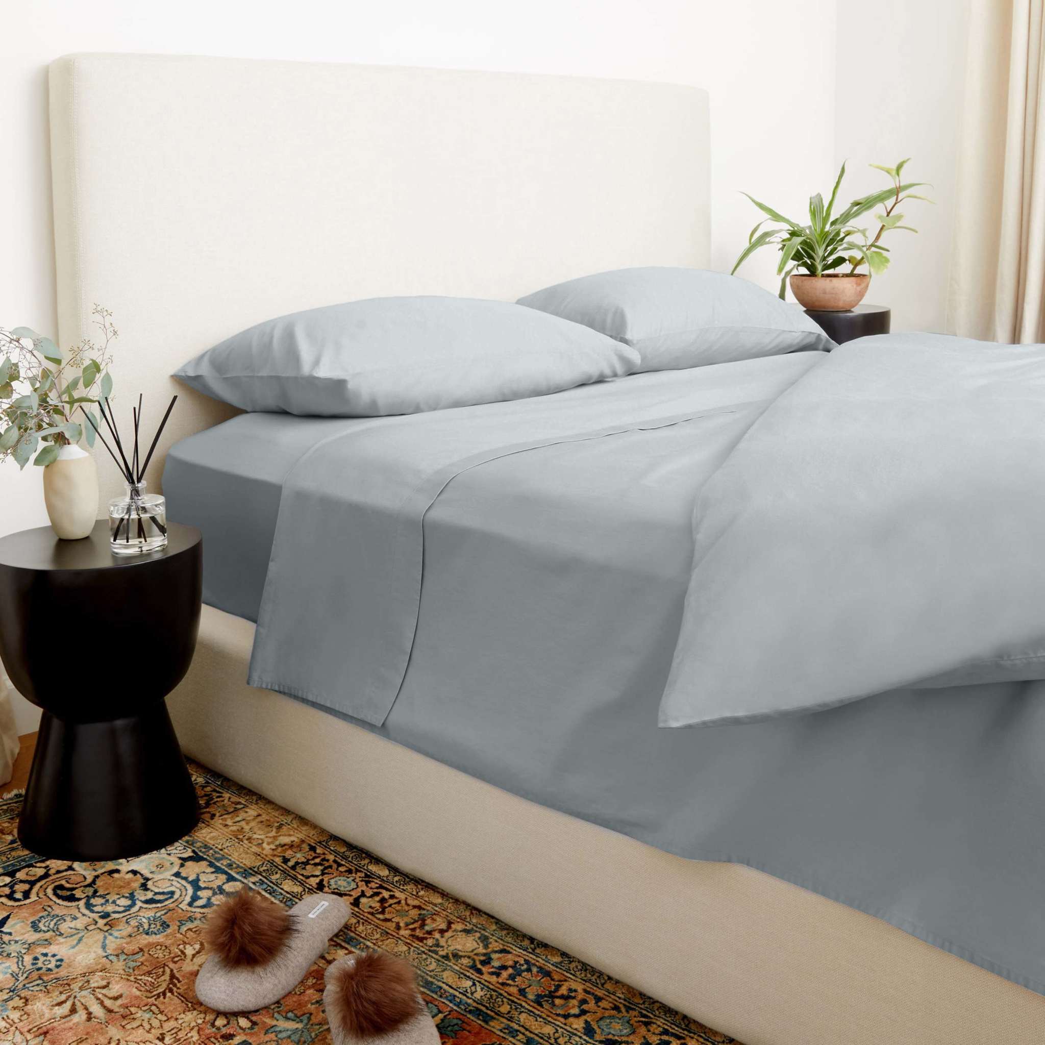 Luxe Australian Sateen Bedding in soft pale blue, with smooth cotton sateen sheets, duvet cover and matching pillowcases