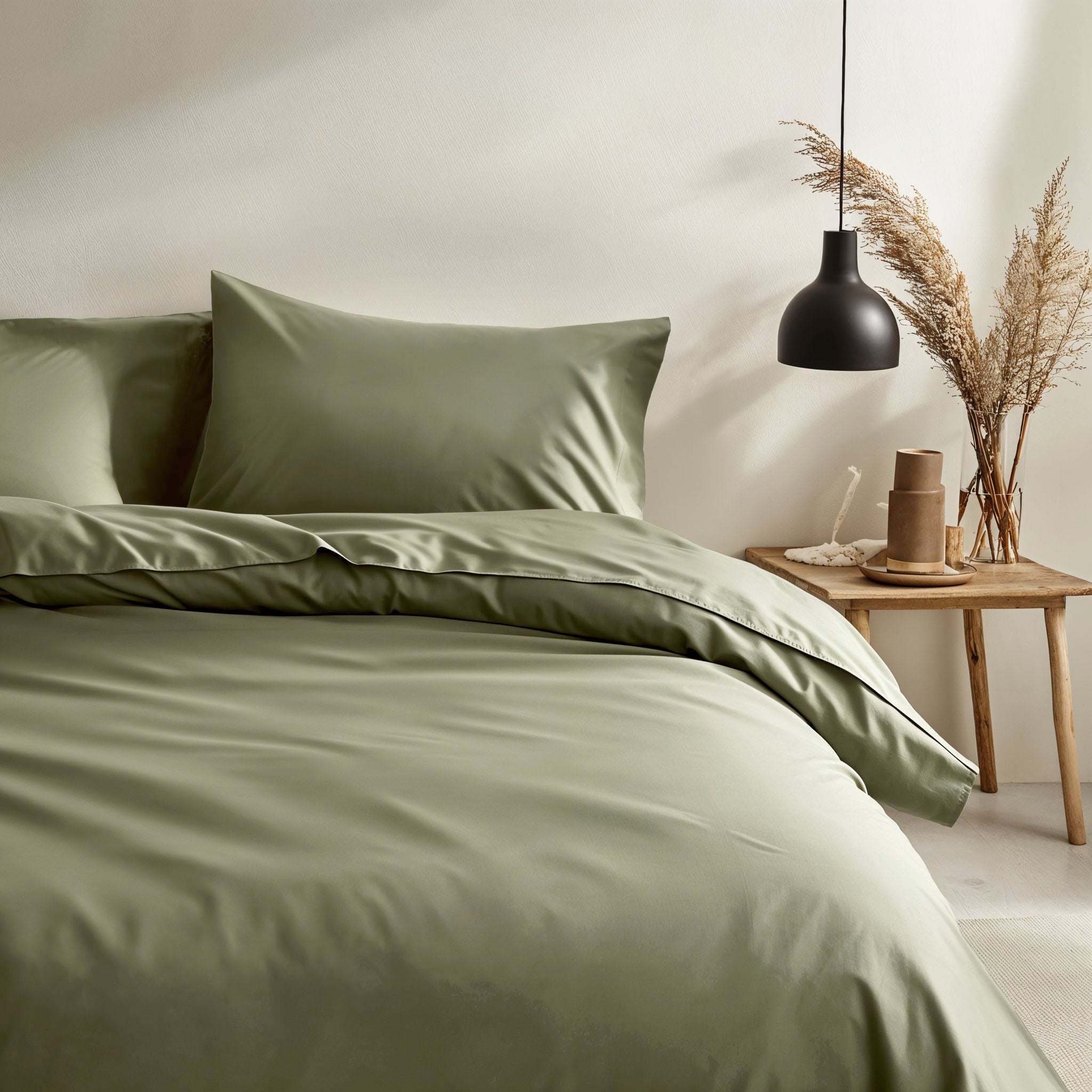 Luxe Australian Sateen Bedding in muted sage green cotton, with a smooth sateen finish and matching pillowcases