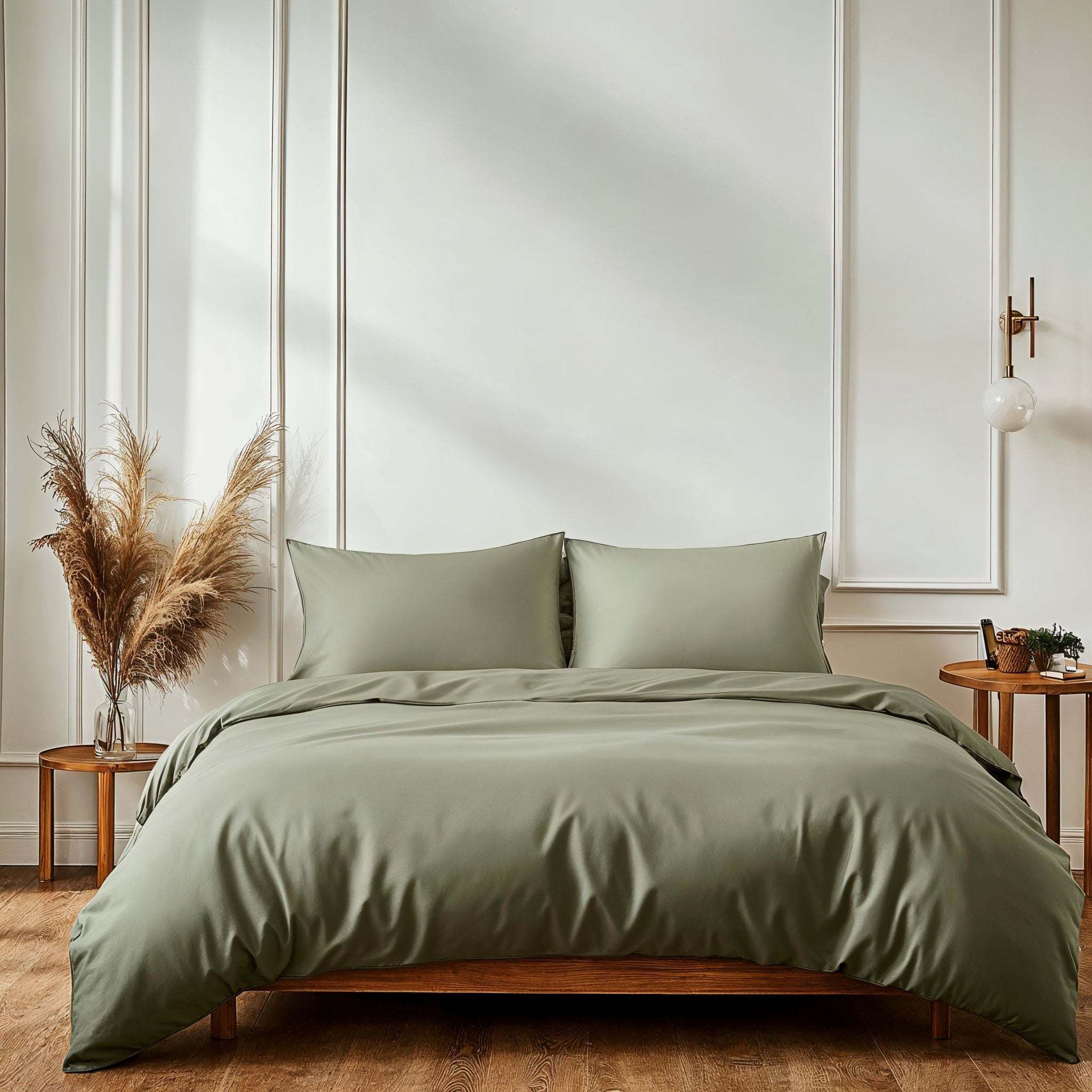 Luxe Australian Sateen Bedding in muted sage green cotton with a smooth, solid-color duvet cover and matching pillowcases