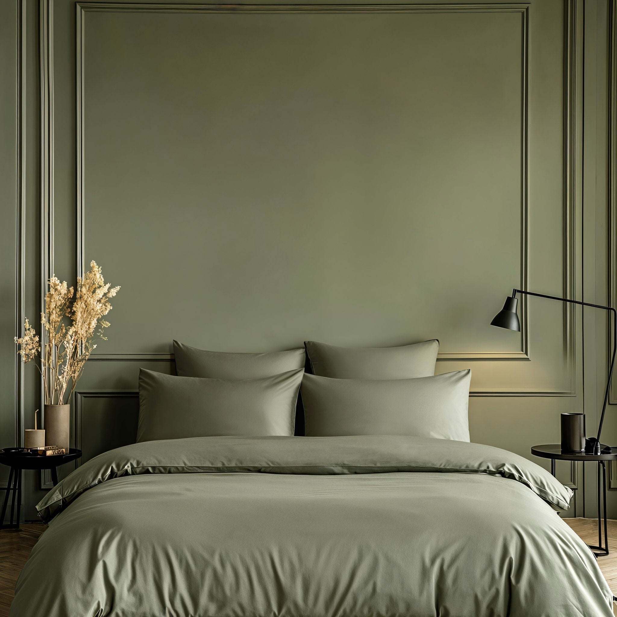 Luxe Australian Sateen Bedding in muted sage green, with a smooth cotton duvet cover and matching pillowcases