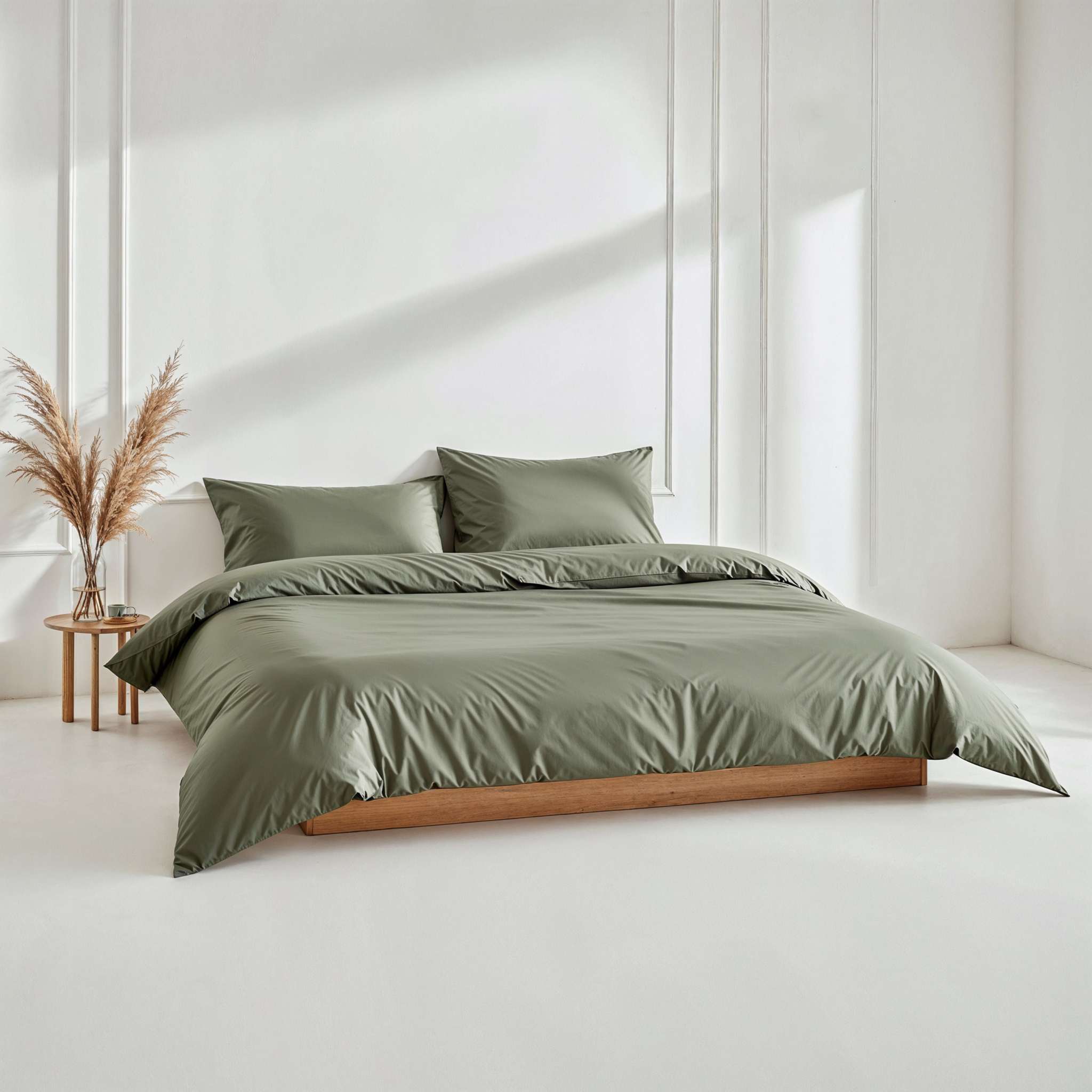 Luxe Australian Sateen Bedding in muted sage green cotton sateen, with a smooth solid-color duvet cover and matching pillowcases