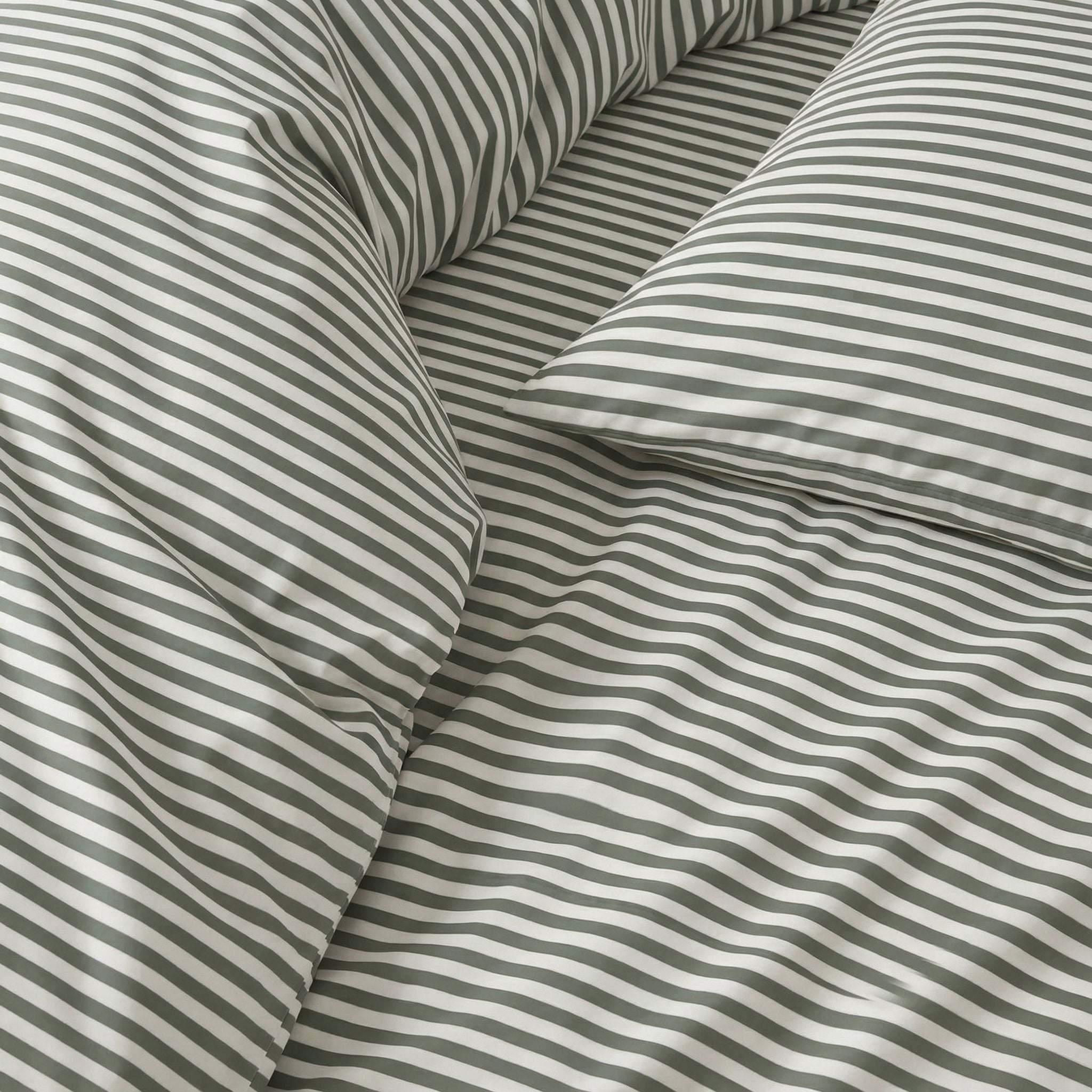 Luxe Australian Sateen Bedding with soft sage green and ivory striped cotton sateen sheets and pillowcases