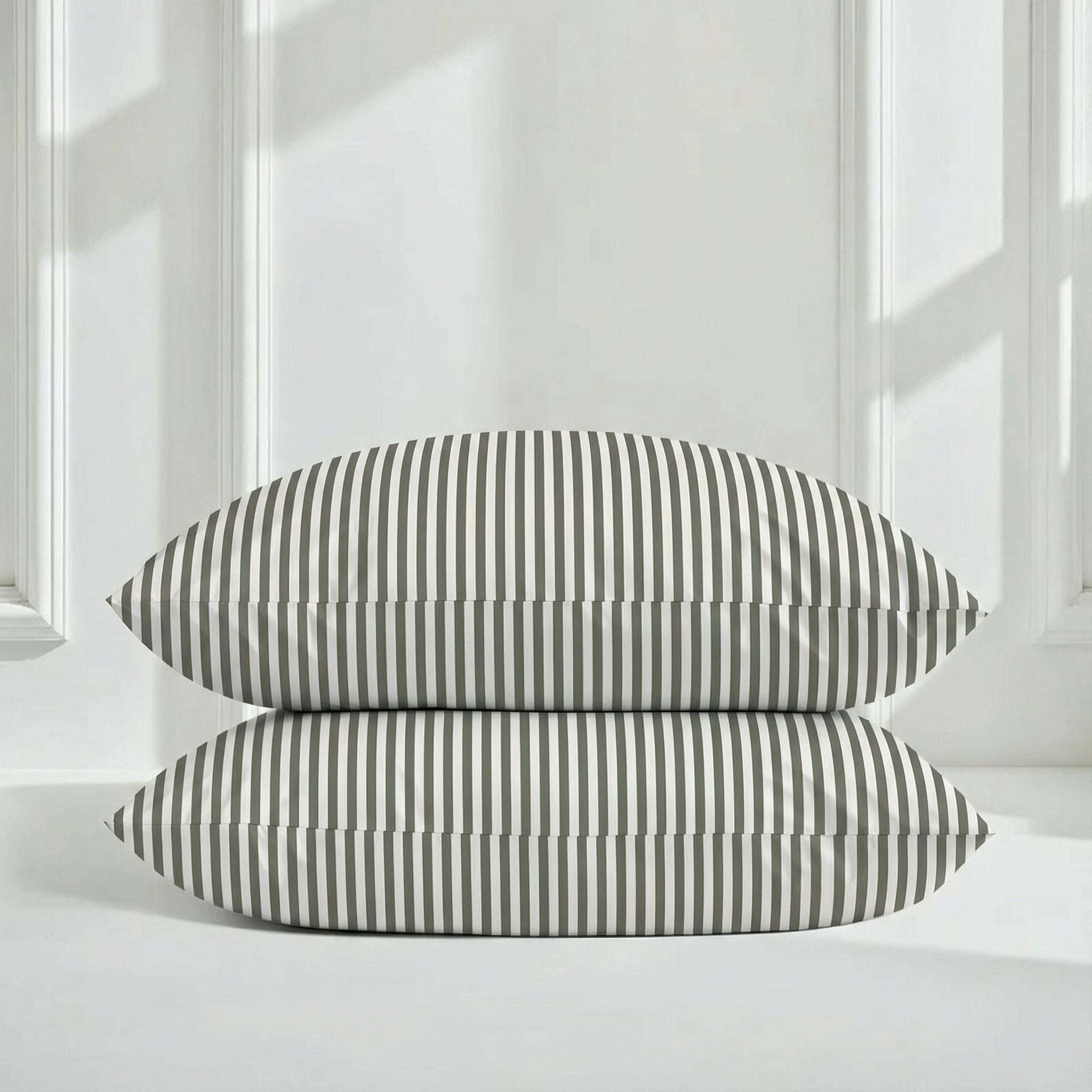 Luxe Australian Sateen Bedding pillowcases in white cotton with narrow charcoal vertical stripes and crisp edges