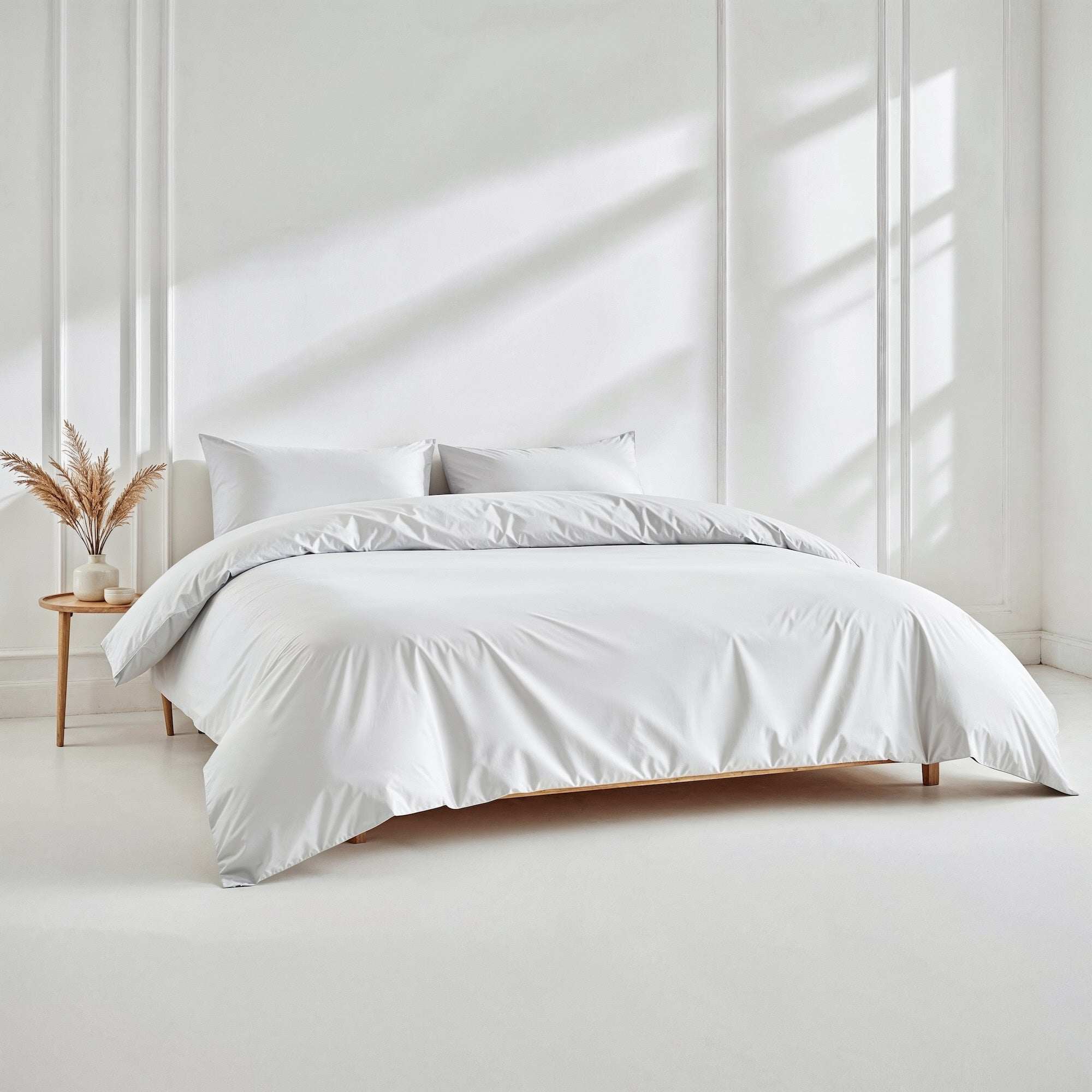Luxe Australian Sateen Bedding in crisp white cotton with a smooth sateen finish and softly draped duvet cover