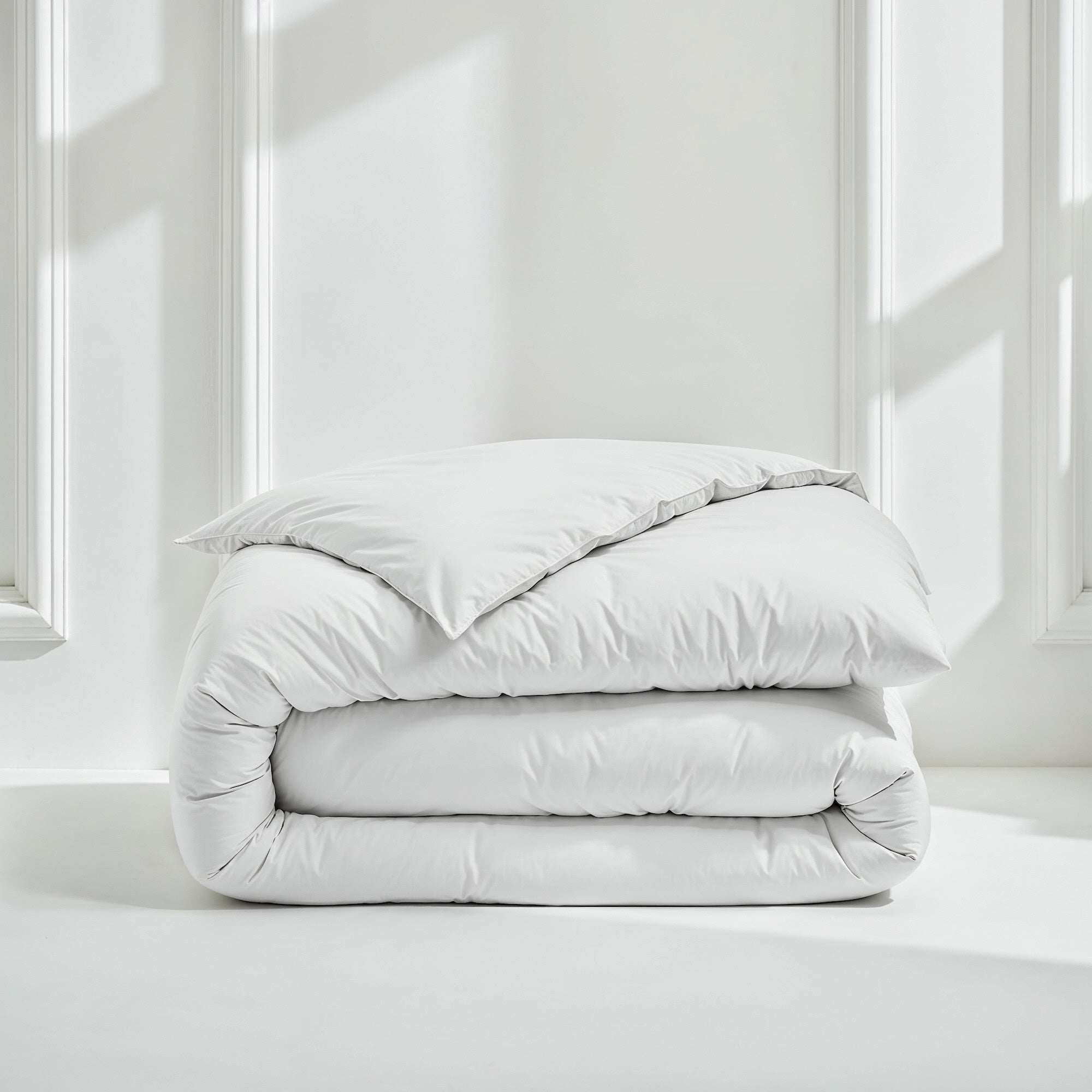 Luxe Australian Sateen Bedding bundle with white cotton sateen duvet and neatly folded matching sheets