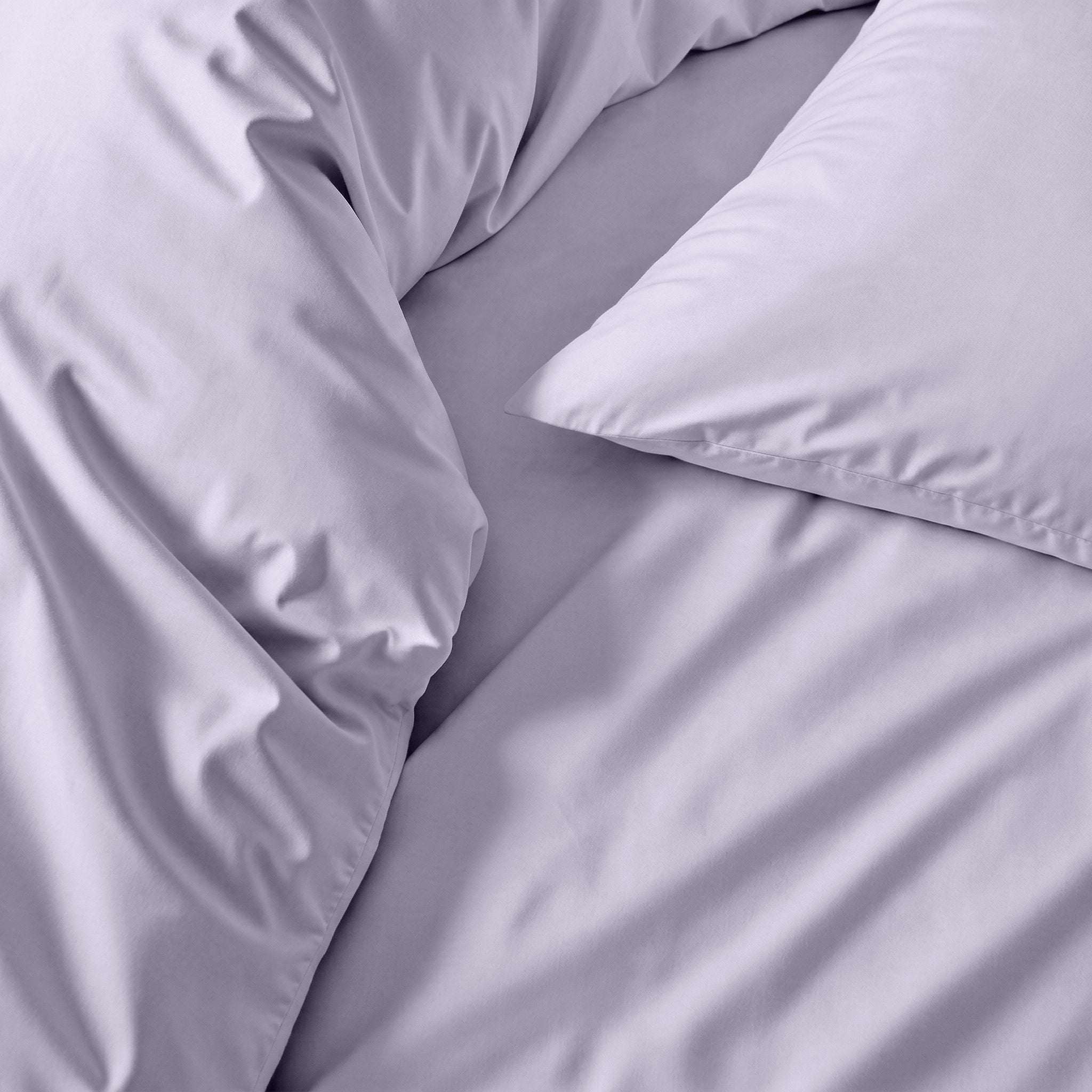 Duvet cover in pale lavender cotton sateen with a smooth, subtle sheen and matching pillowcase; Luxe Australian Sateen