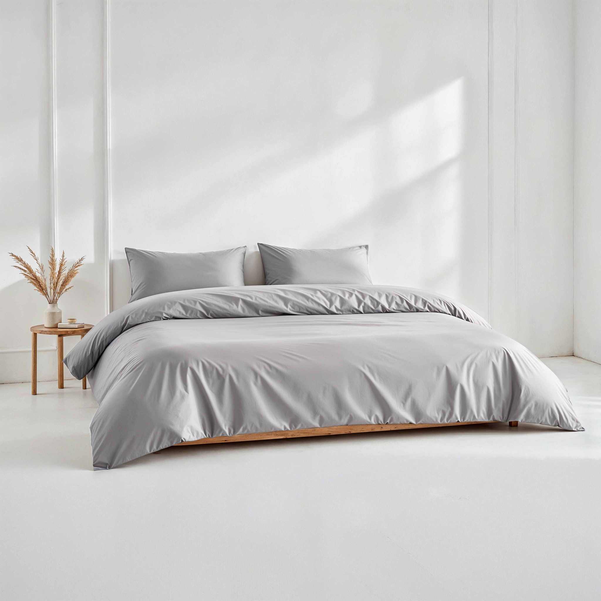 Luxe Australian Sateen duvet cover in smooth, solid light gray cotton with a subtle sheen and hidden button closure