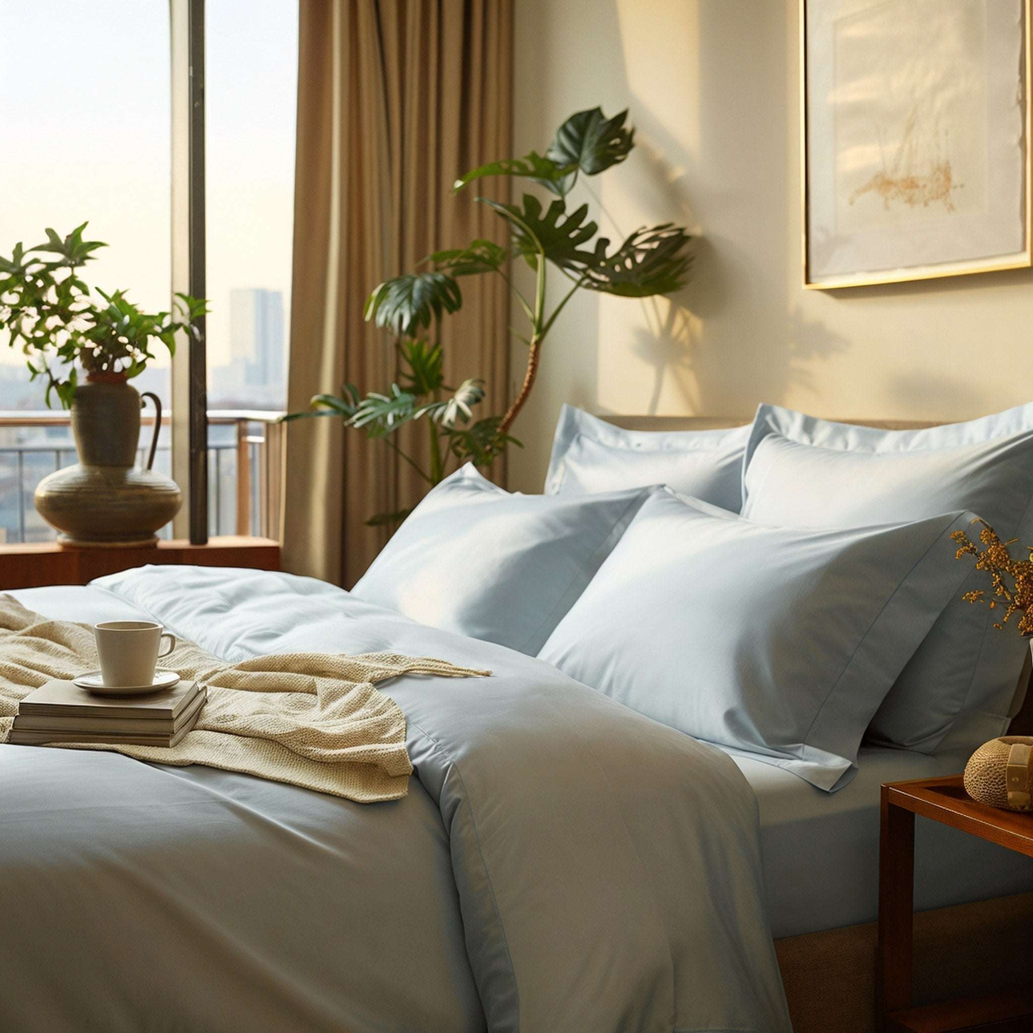 Luxe Australian Sateen duvet cover in pale blue cotton with a smooth, subtle sheen and matching pillowcases