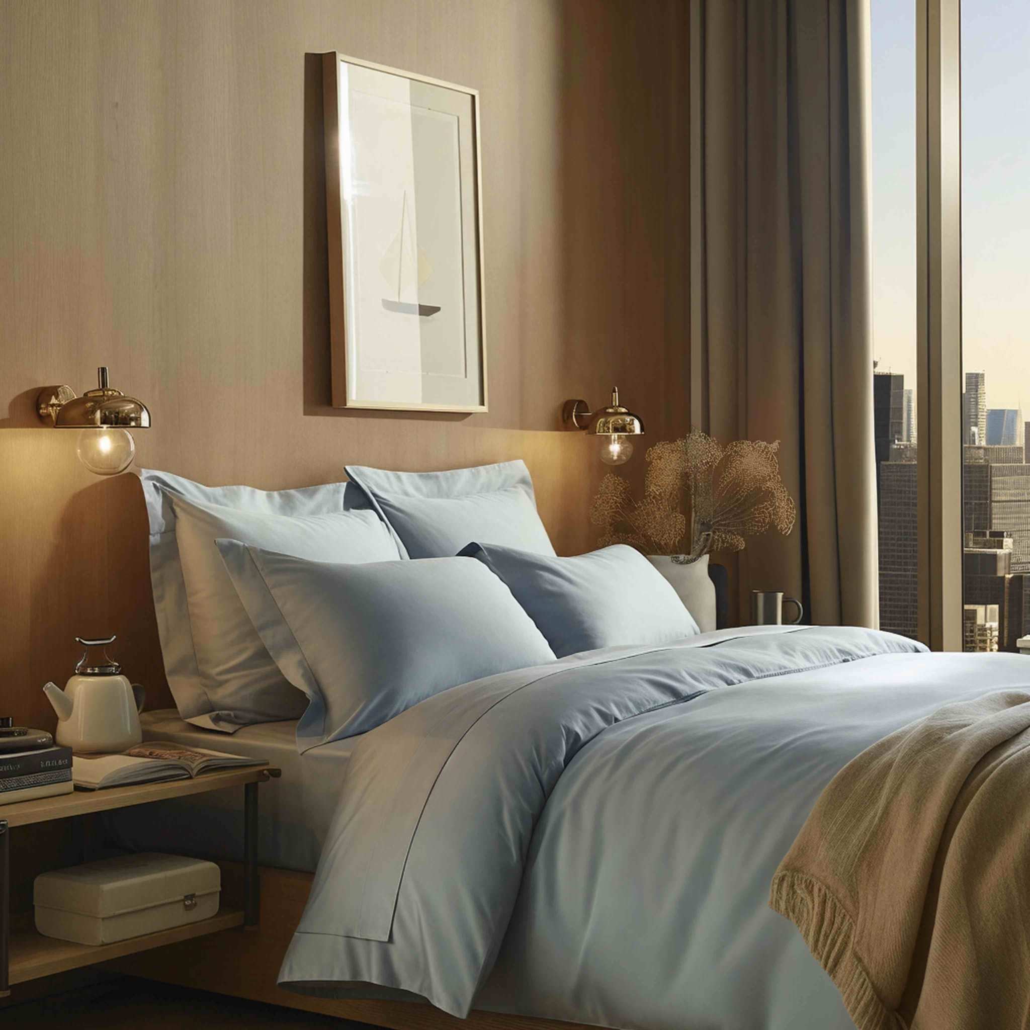 Luxe Australian Sateen duvet cover in pale blue cotton with a smooth, subtle sheen and matching pillowcases
