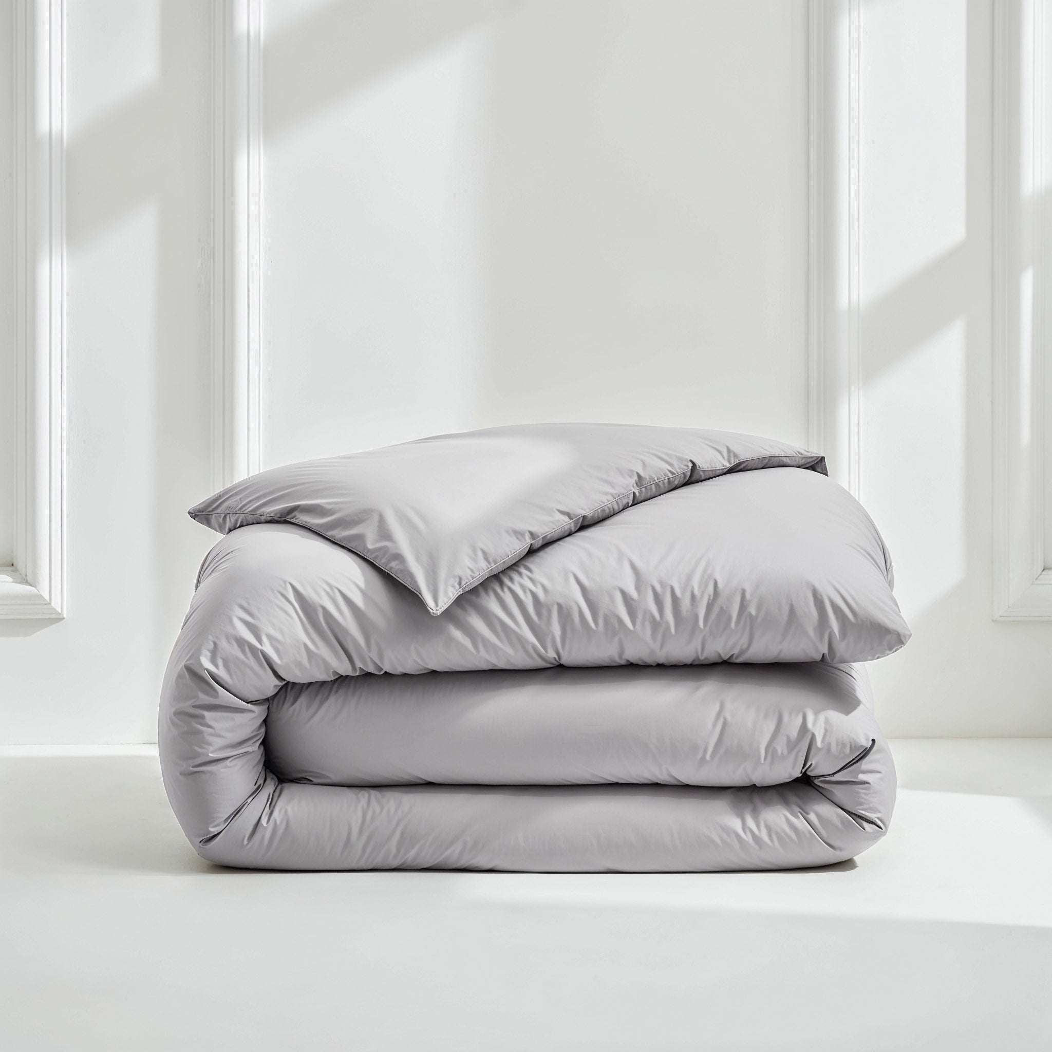 Duvet cover in pale gray sateen cotton, folded into a soft stack with a smooth surface and subtle sheen