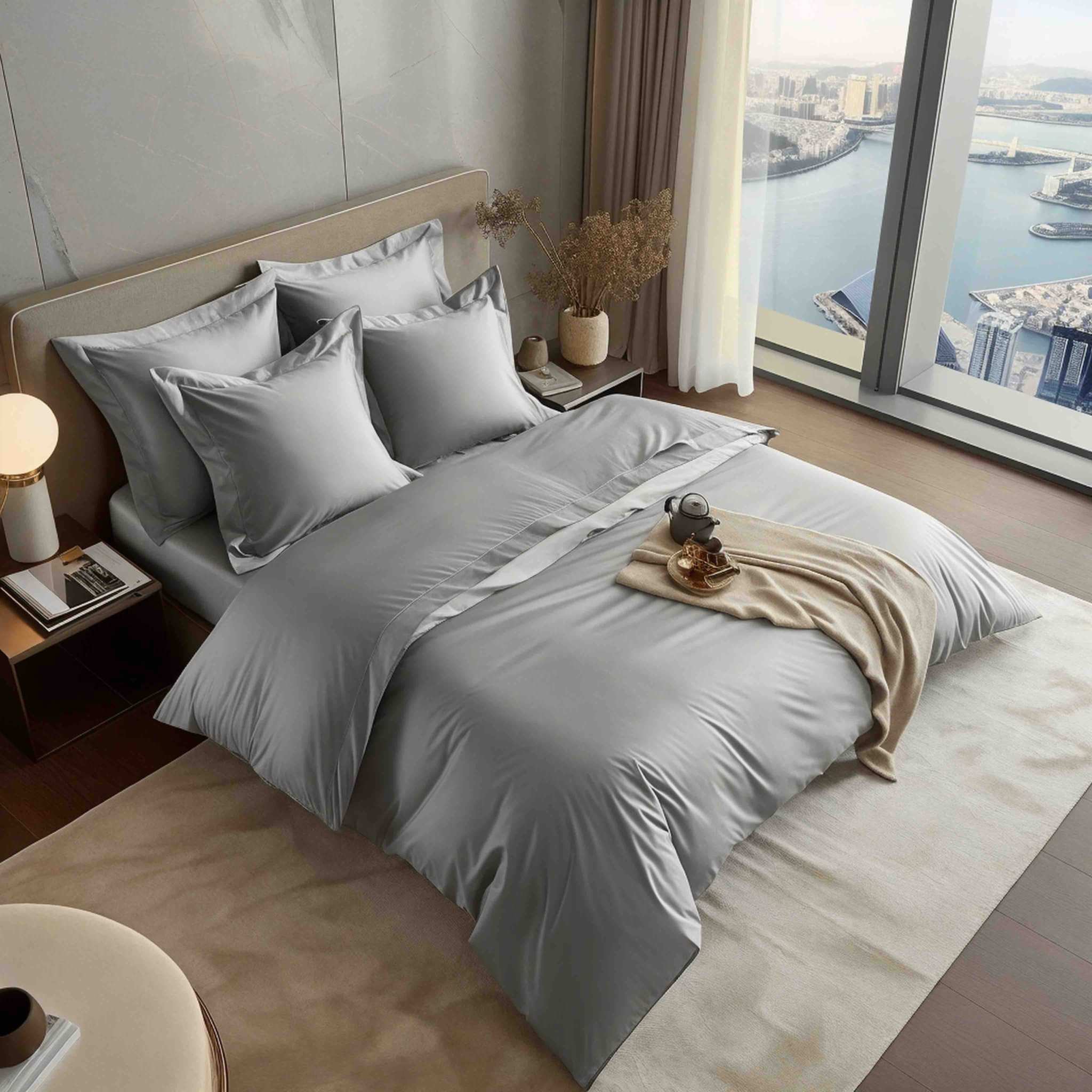 Luxe Australian Sateen Pillowcase Set in smooth silver-gray cotton, with matching pillowcases and a silky sateen finish