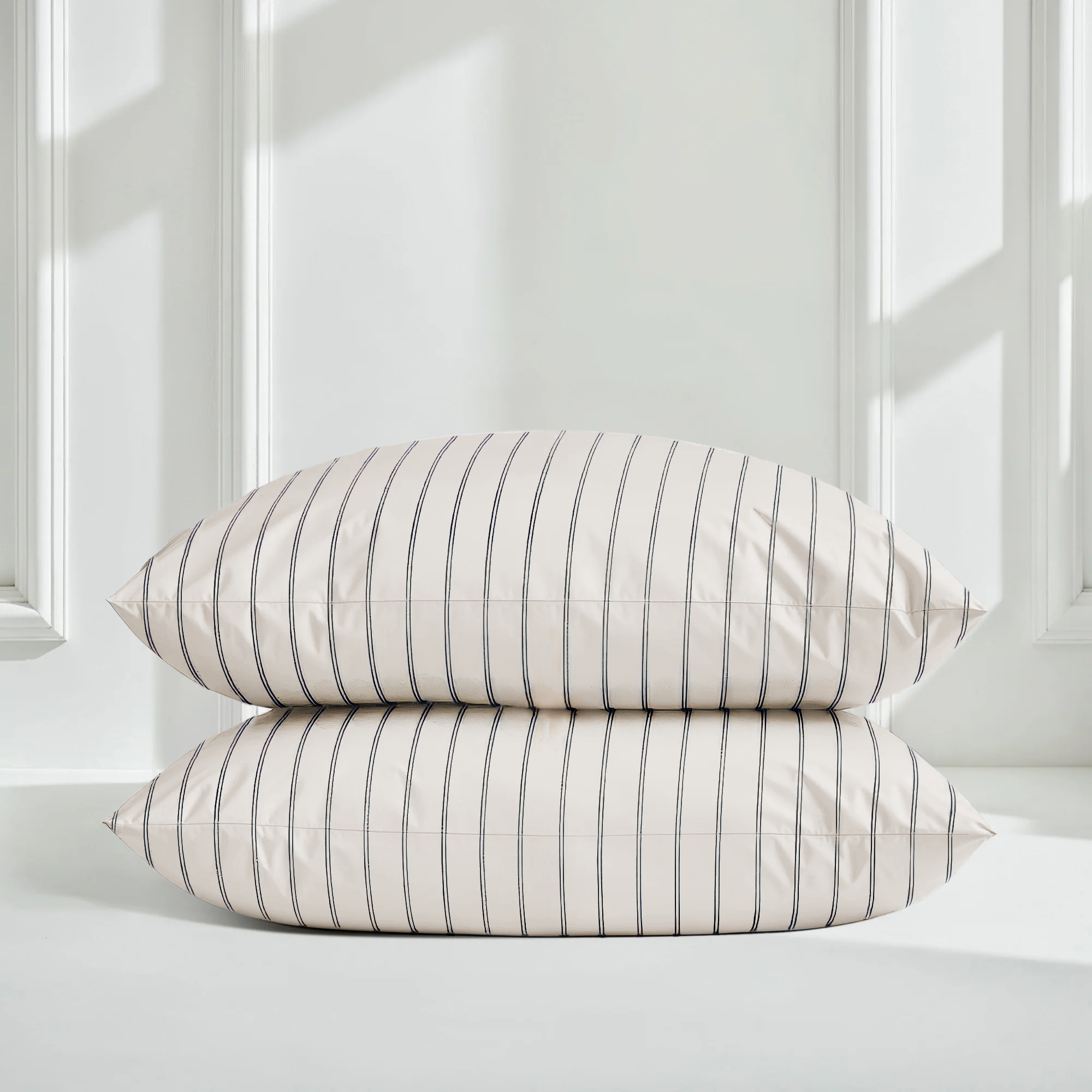 Luxe Australian Sateen Pillowcase Set in white cotton with fine, evenly spaced charcoal pinstripes