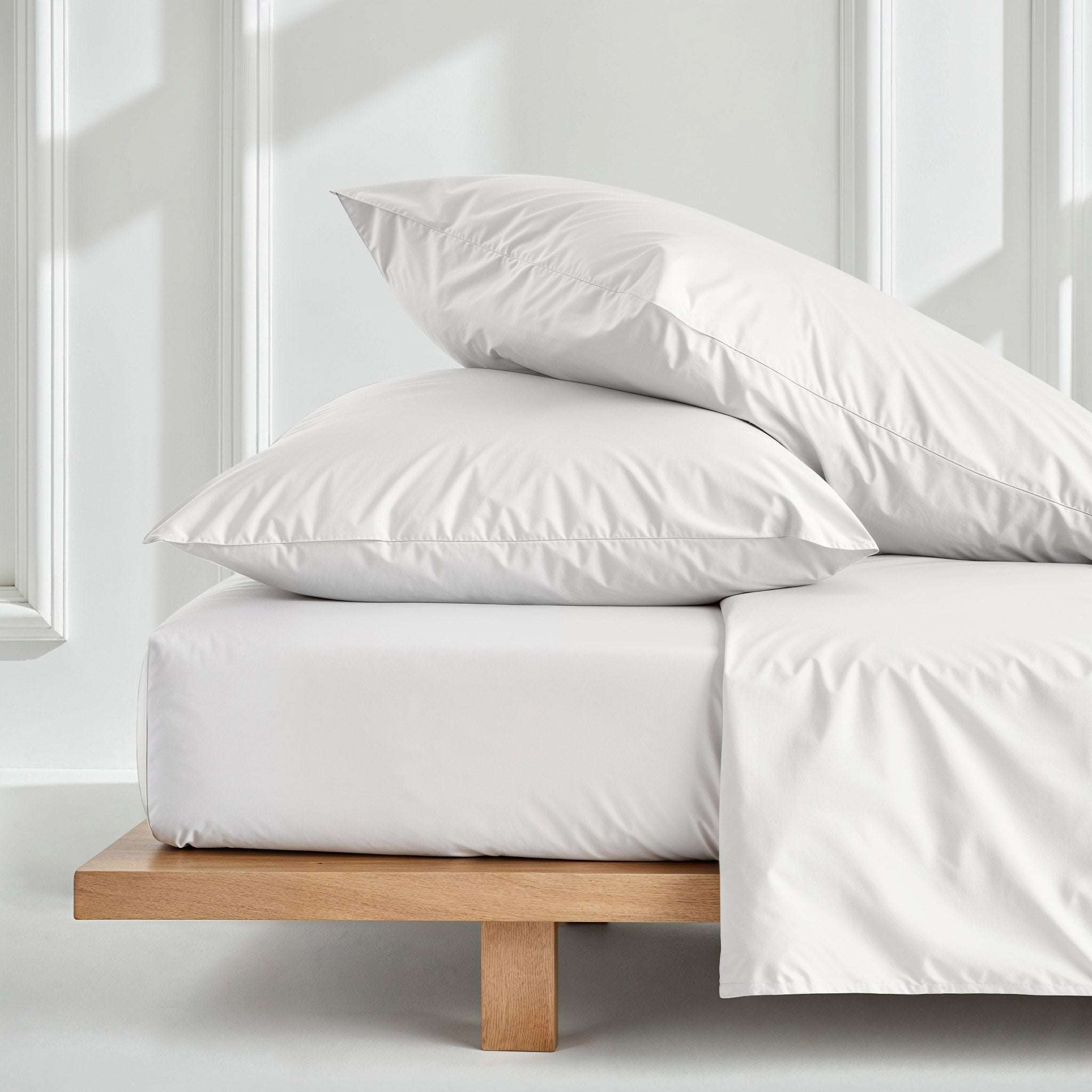 Luxe Australian Sateen Pillowcase Set in white cotton with a smooth, silky finish and neatly tailored edges