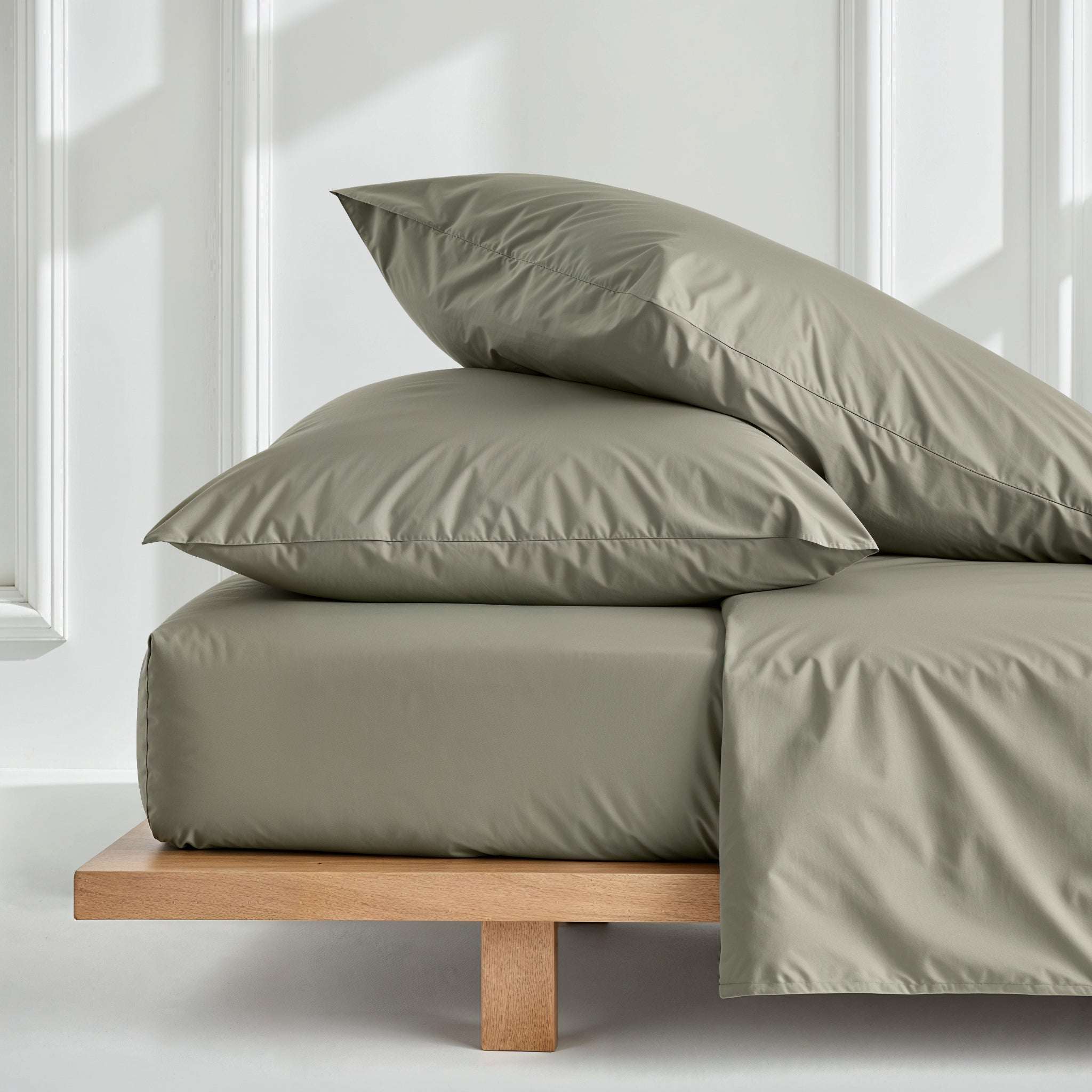 Luxe Australian Sateen Sheet Set in smooth olive-gray cotton, with matching pillowcases and softly draped bedding