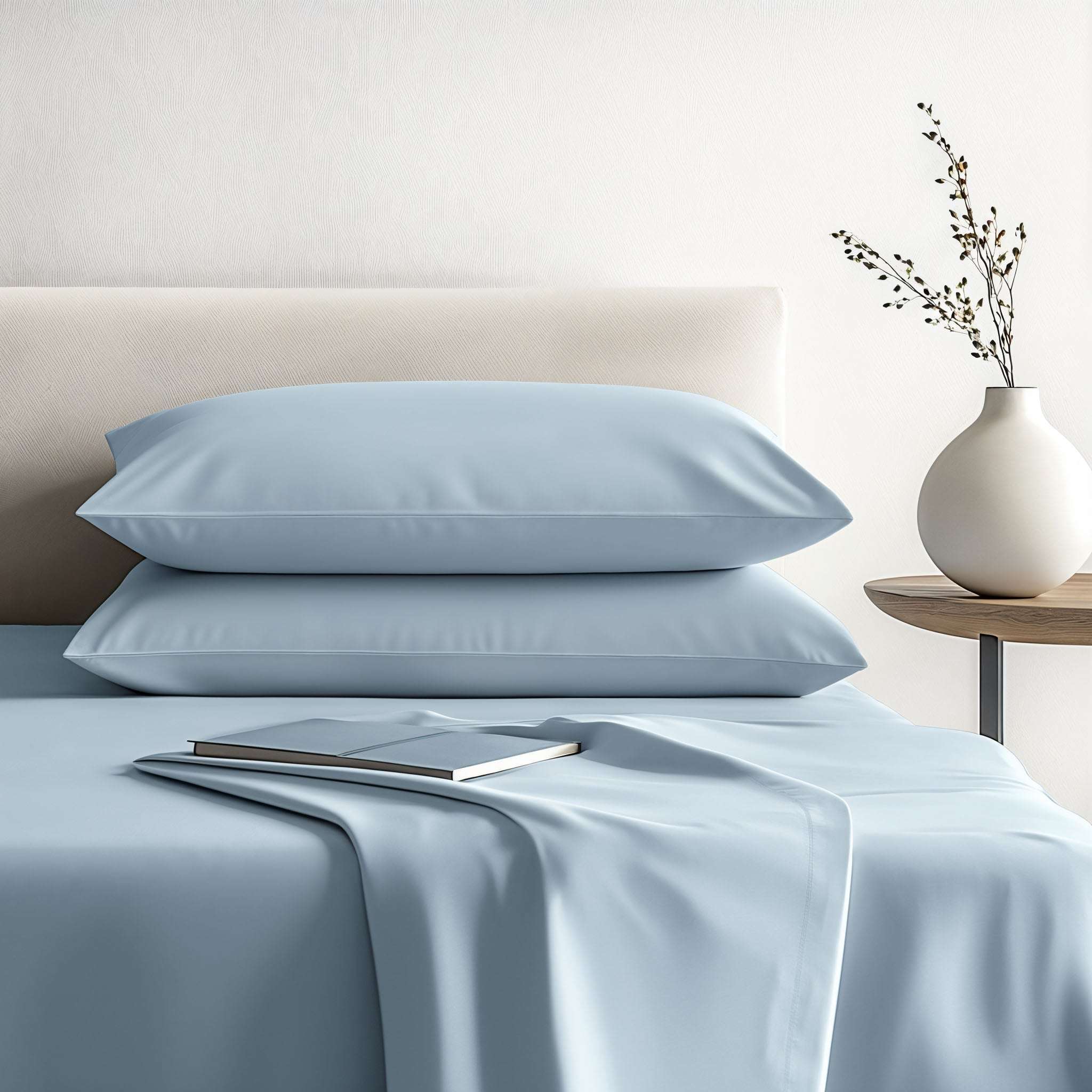 Luxe Australian Sateen Sheet Set in pale blue cotton sateen, with smooth sheets and neatly stacked pillowcases