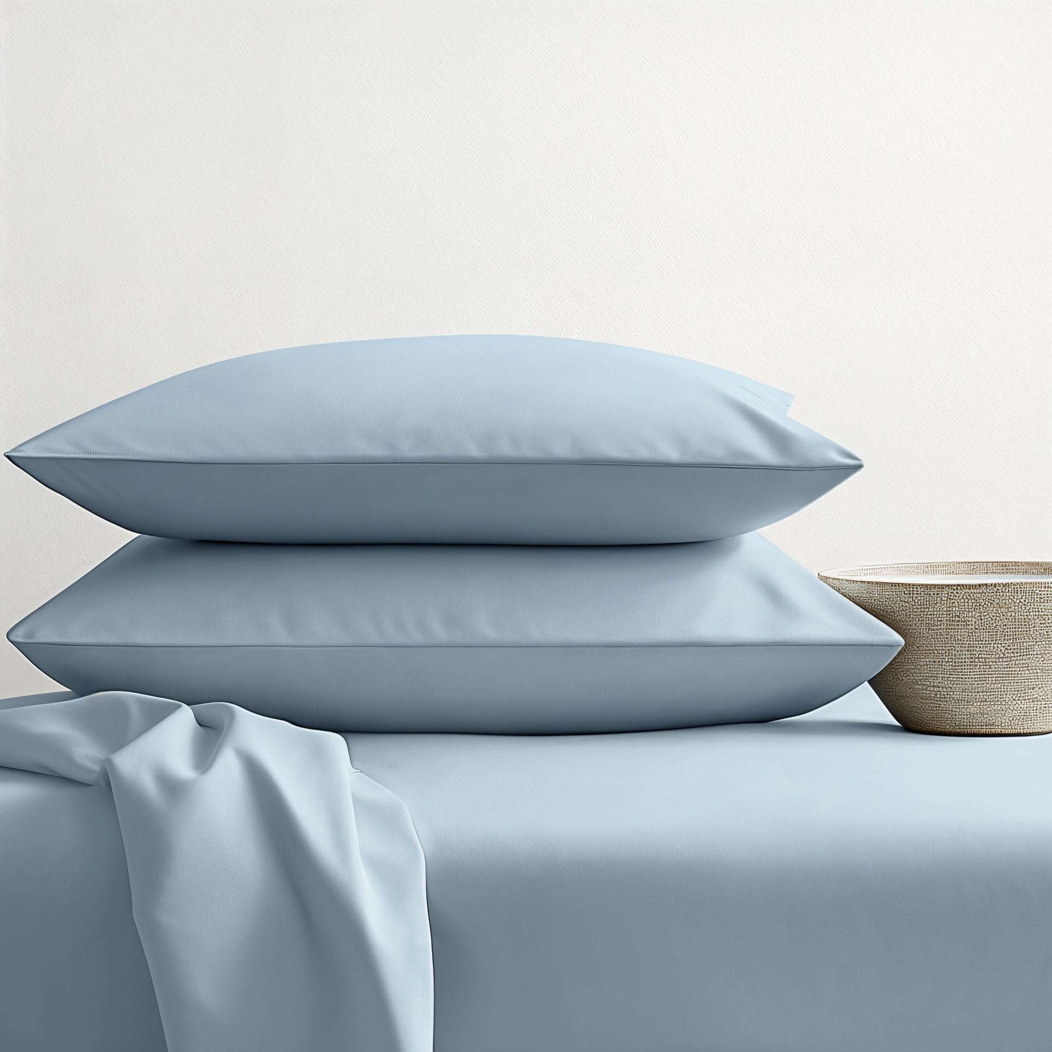 Luxe Australian Sateen Sheet Set in pale blue cotton sateen, with smooth sheets and two matching pillowcases