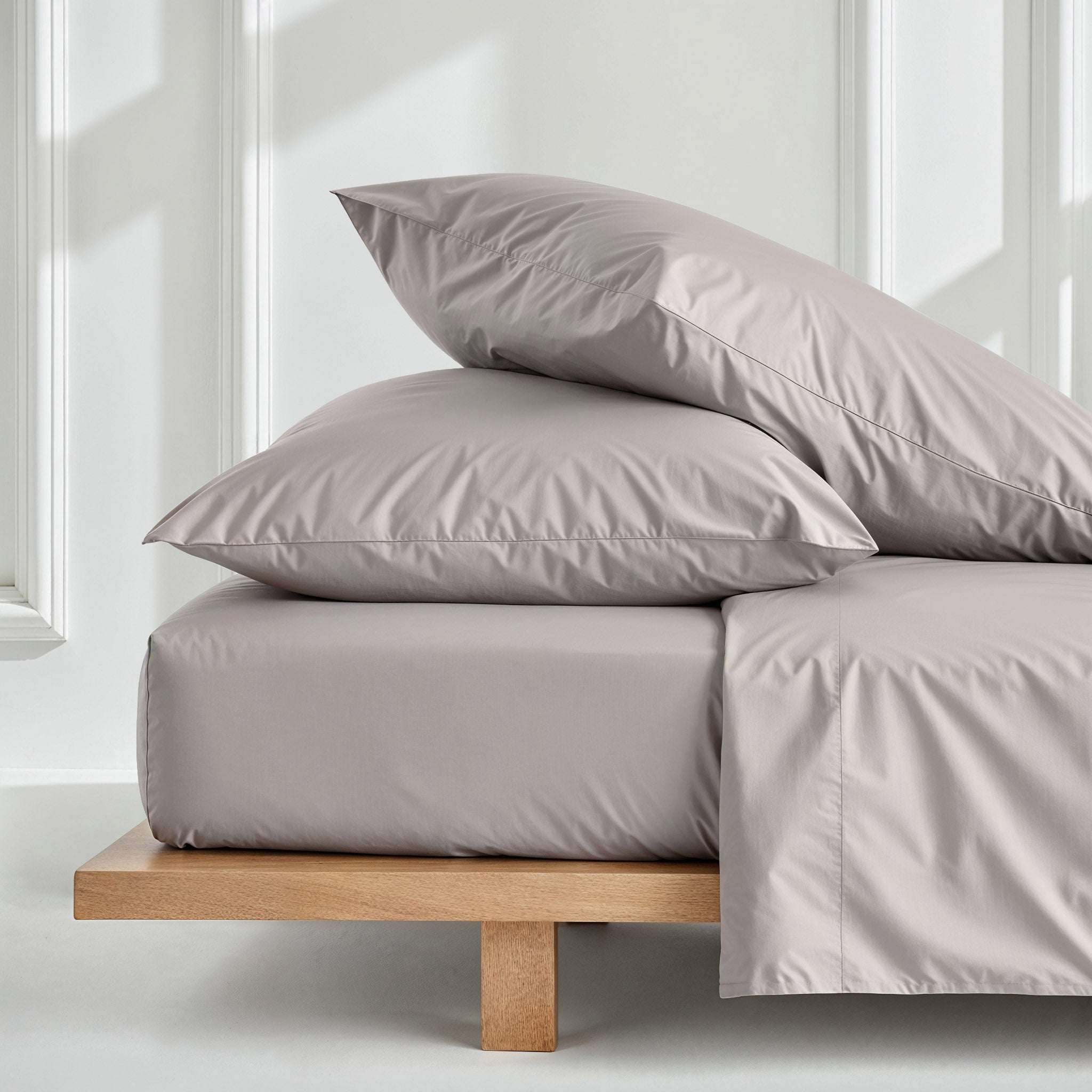 Luxe Australian Sateen Sheet Set in solid pale mauve cotton, with a smooth sateen finish and matching pillowcases