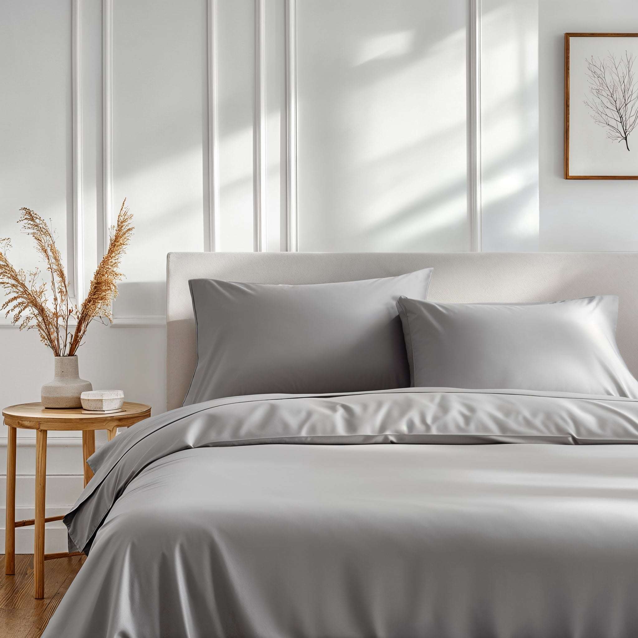 Luxe Australian Sateen Sheet Set in smooth silver-gray cotton, with a subtle sheen and matching pillowcases