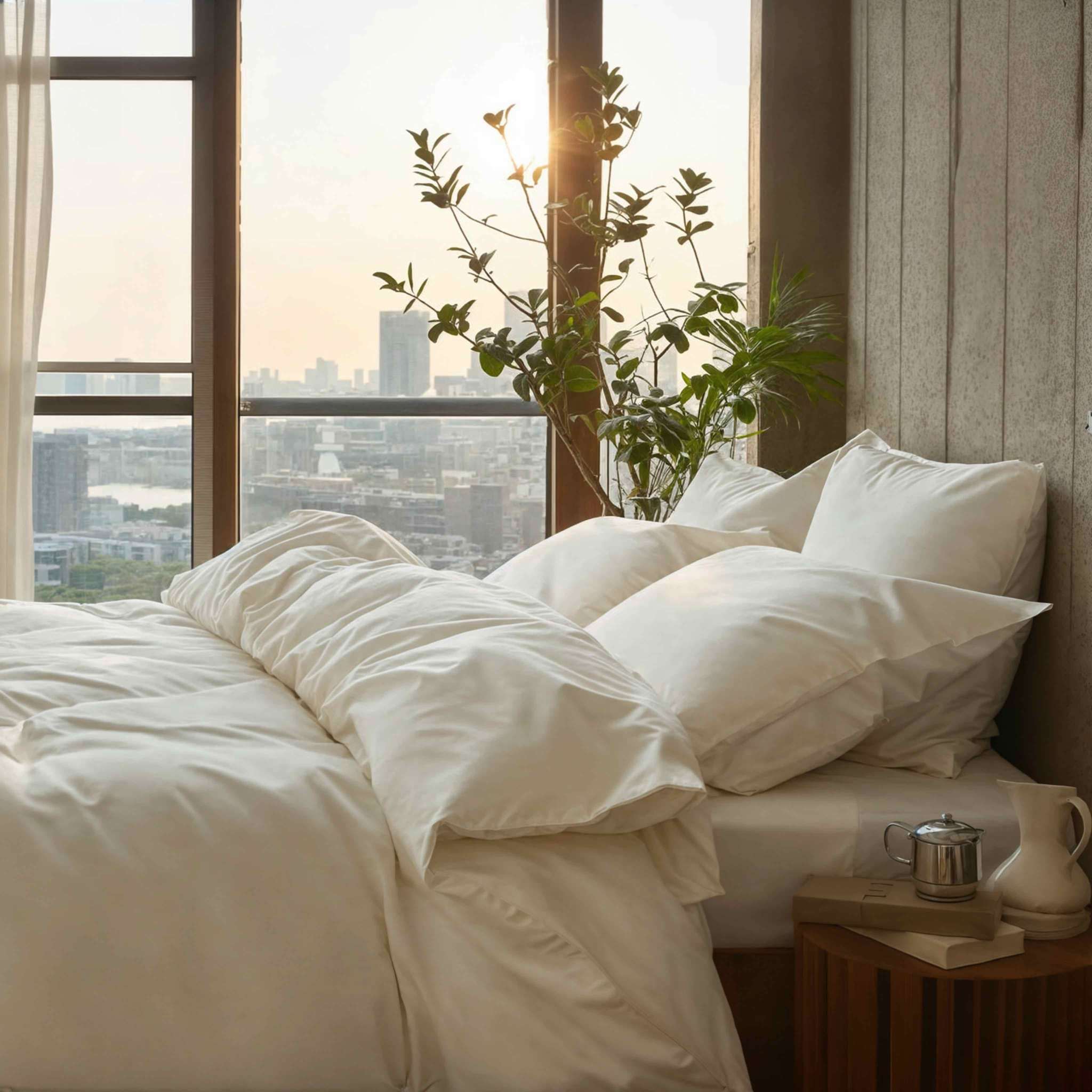 Luxe Australian Sateen Sheet Set in smooth white cotton, with a soft sheen and relaxed, rumpled bedding