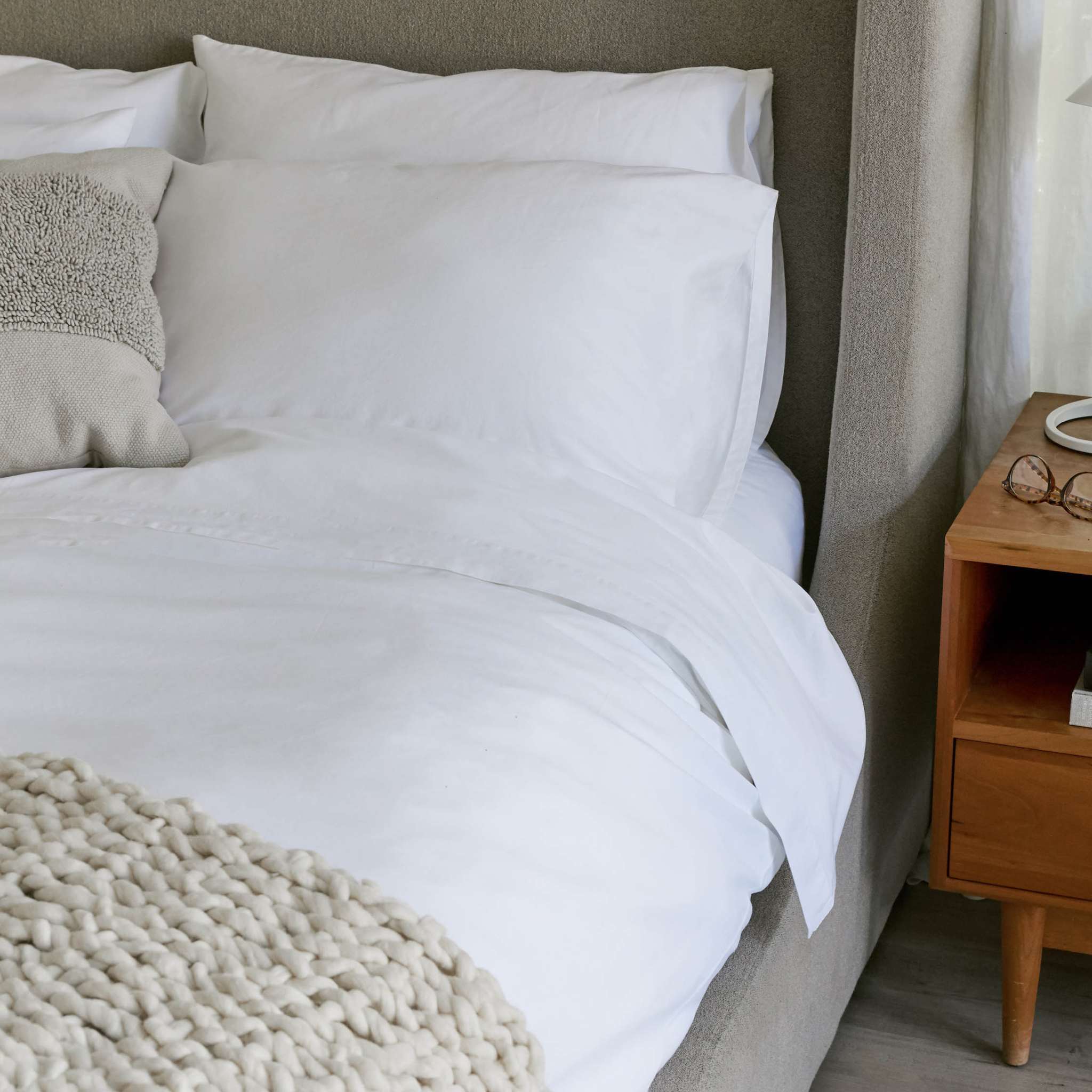 Luxe Australian Sateen Sheet Set in crisp white cotton with a smooth solid finish and matching pillowcases