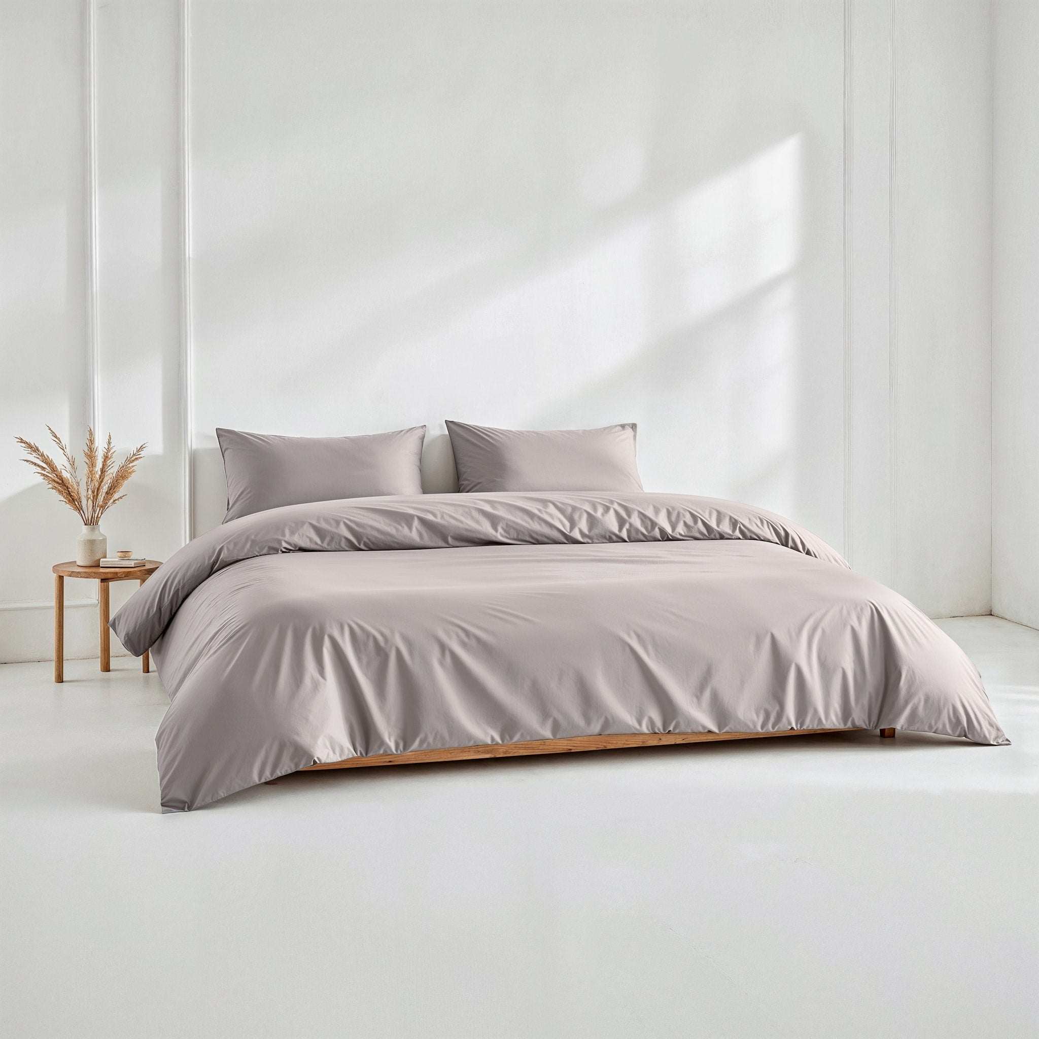 Luxe Australian Sateen duvet cover in soft taupe cotton with a smooth, subtly lustrous solid finish