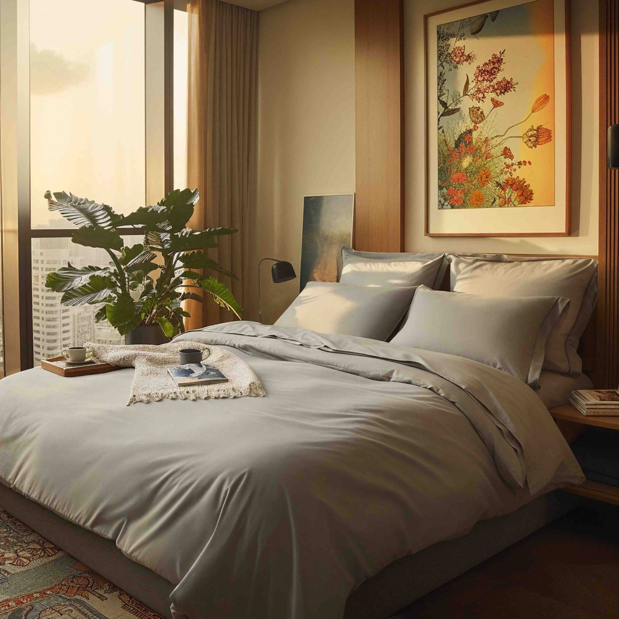Luxe Australian Sateen duvet cover in solid warm grey cotton with a smooth finish and subtle sheen