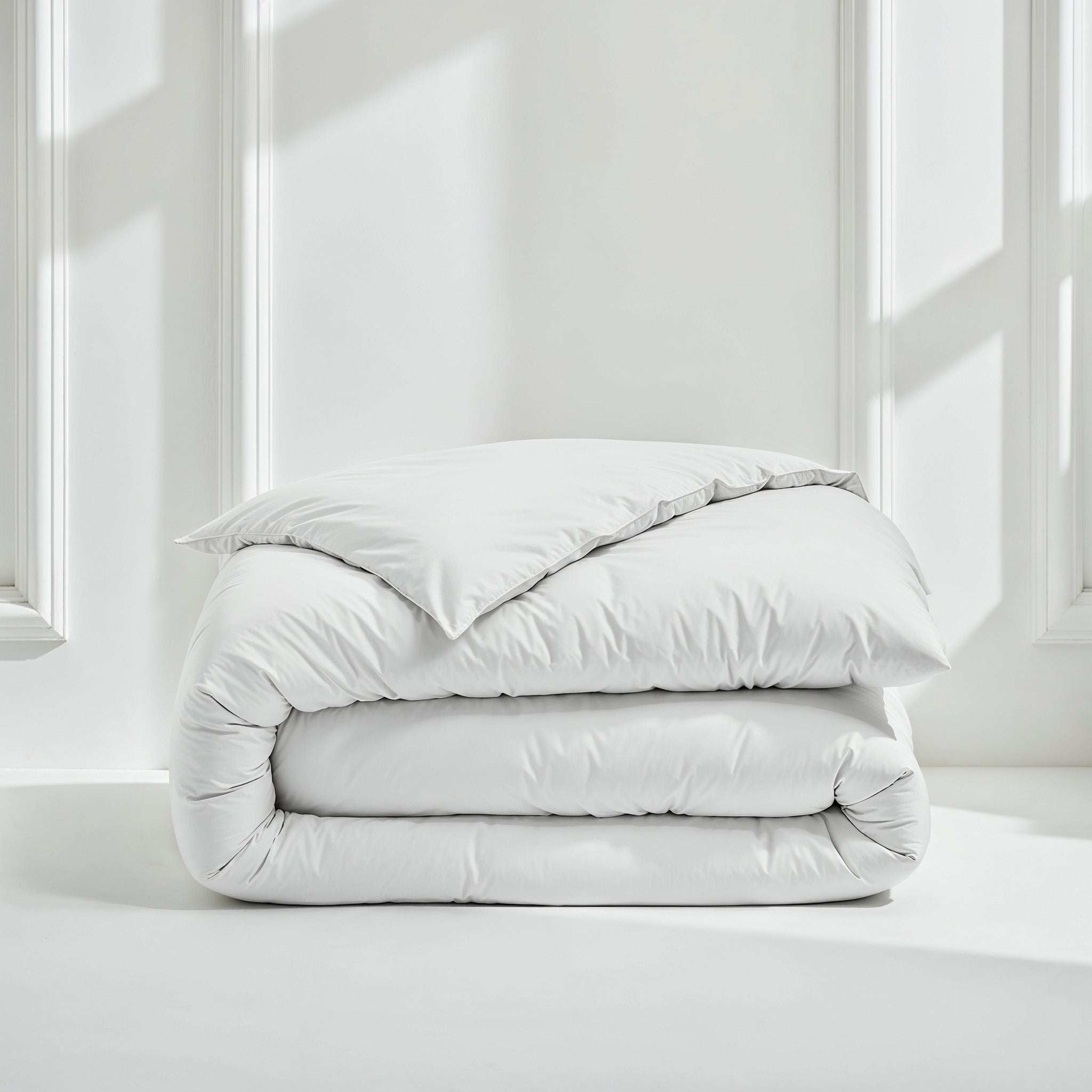 Luxe Australian Sateen duvet cover in solid white cotton with a smooth finish, folded in a soft, layered stack