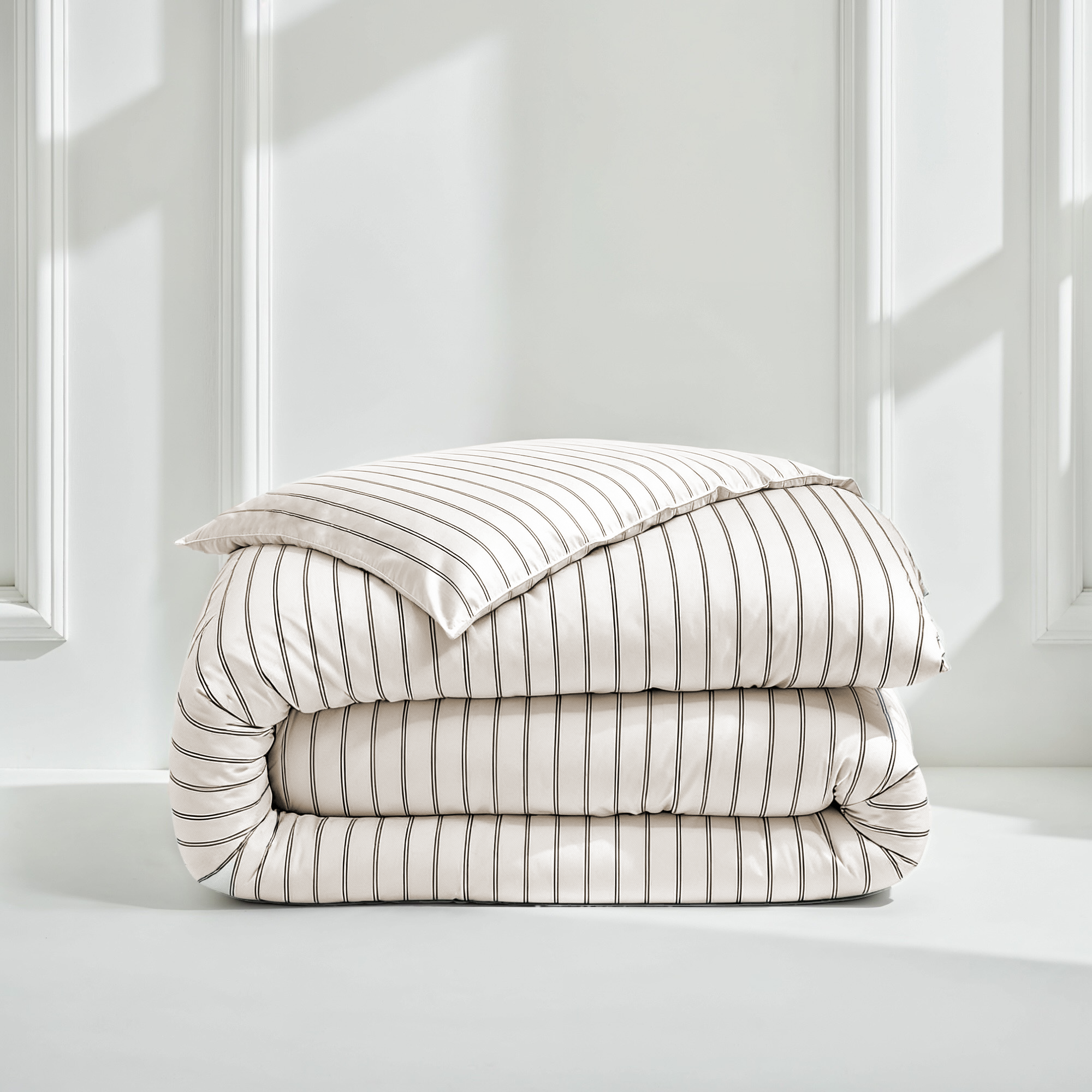Luxe Australian Sateen duvet cover in white cotton with fine taupe stripes and a smooth, silky finish