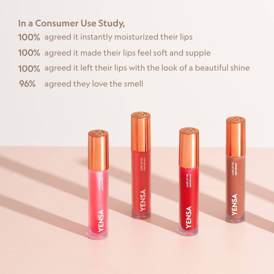 Luxe Lip Nourishing Oil lip glosses in four pink, coral, red and nude shades, with clear copper-toned caps