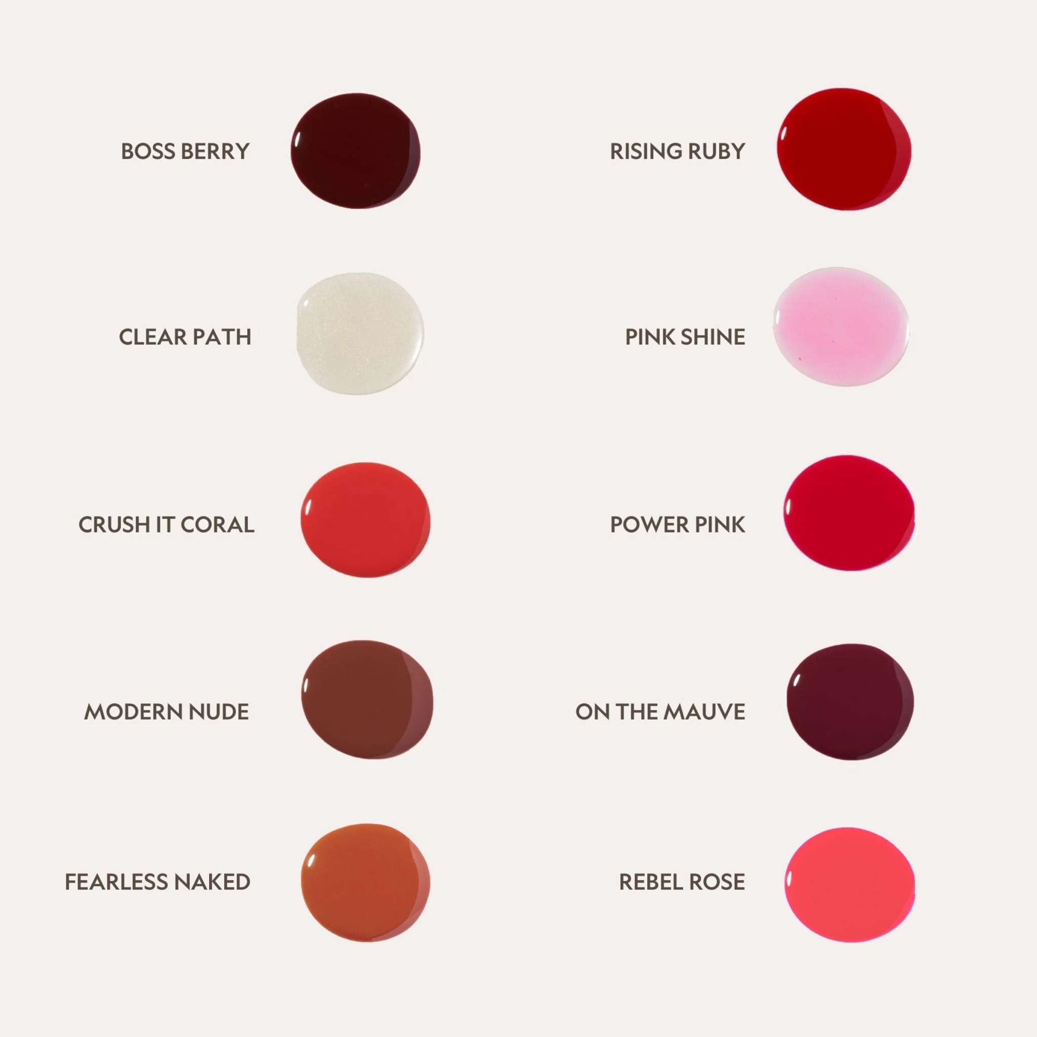 Luxe Lip Nourishing Oil shade chart with ten glossy swatches in berry, ruby, nude, pink and coral tones