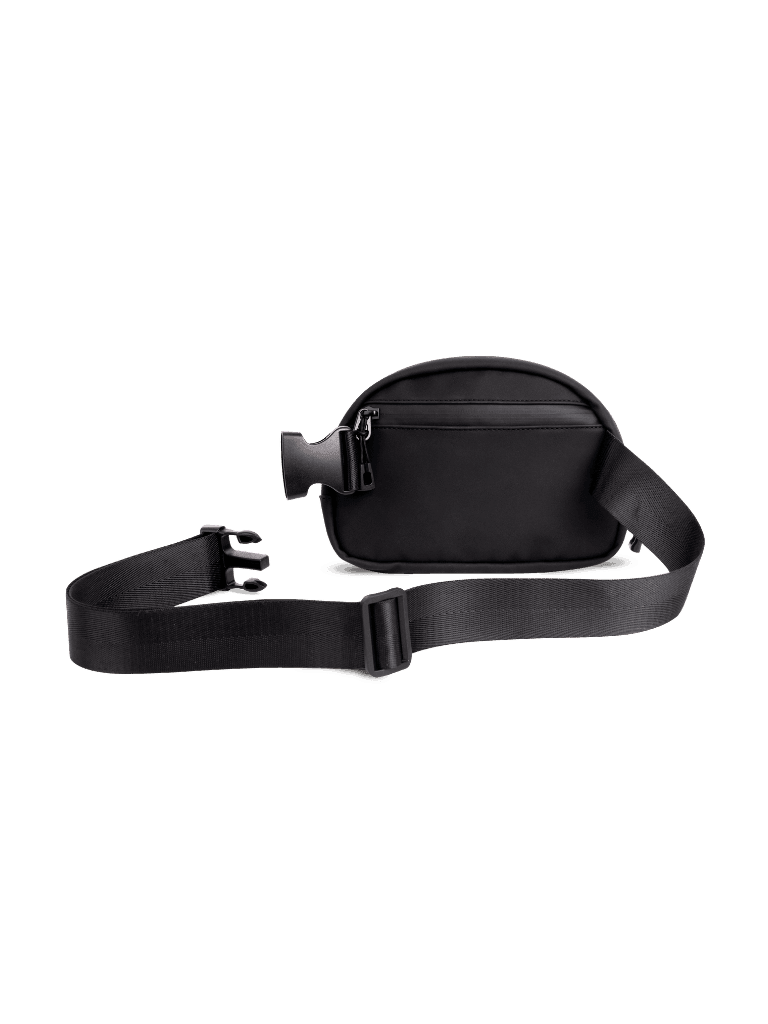 LuxeGo Crossbody Bag in black water-resistant fabric with an adjustable strap, quick-release buckle and zippered compartment