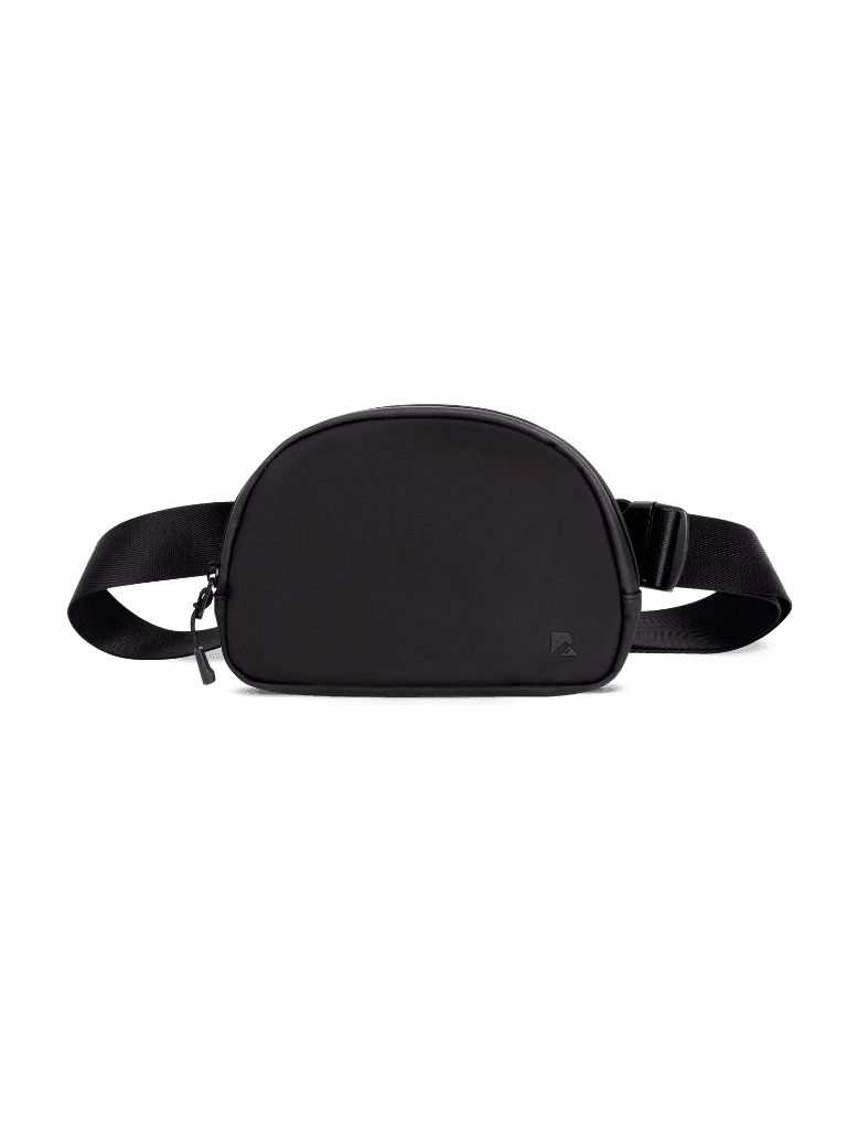 LuxeGo Crossbody Bag in black smooth fabric, with a rounded zippered pouch and adjustable strap with buckle