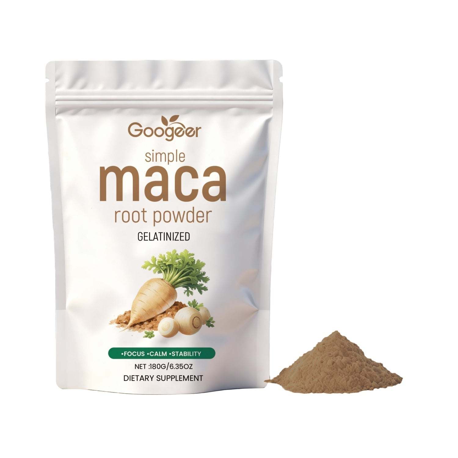 Maca Root Powder in a white resealable pouch, labeled gelatinized maca, with a mound of brown powder beside it