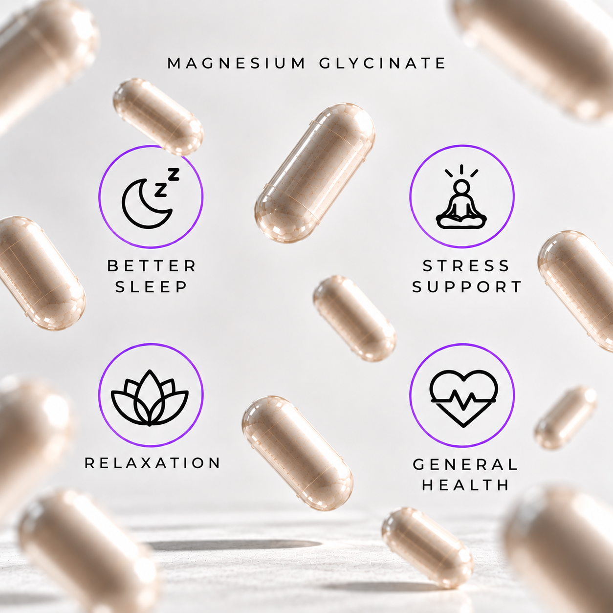 MAGNESIUM GLYCINATE supplement capsules in a translucent beige shell, with icons for sleep, relaxation, stress support and general health