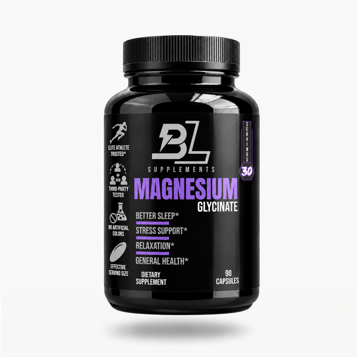 MAGNESIUM GLYCINATE supplement in a black bottle with purple and white label, showing 90 capsules