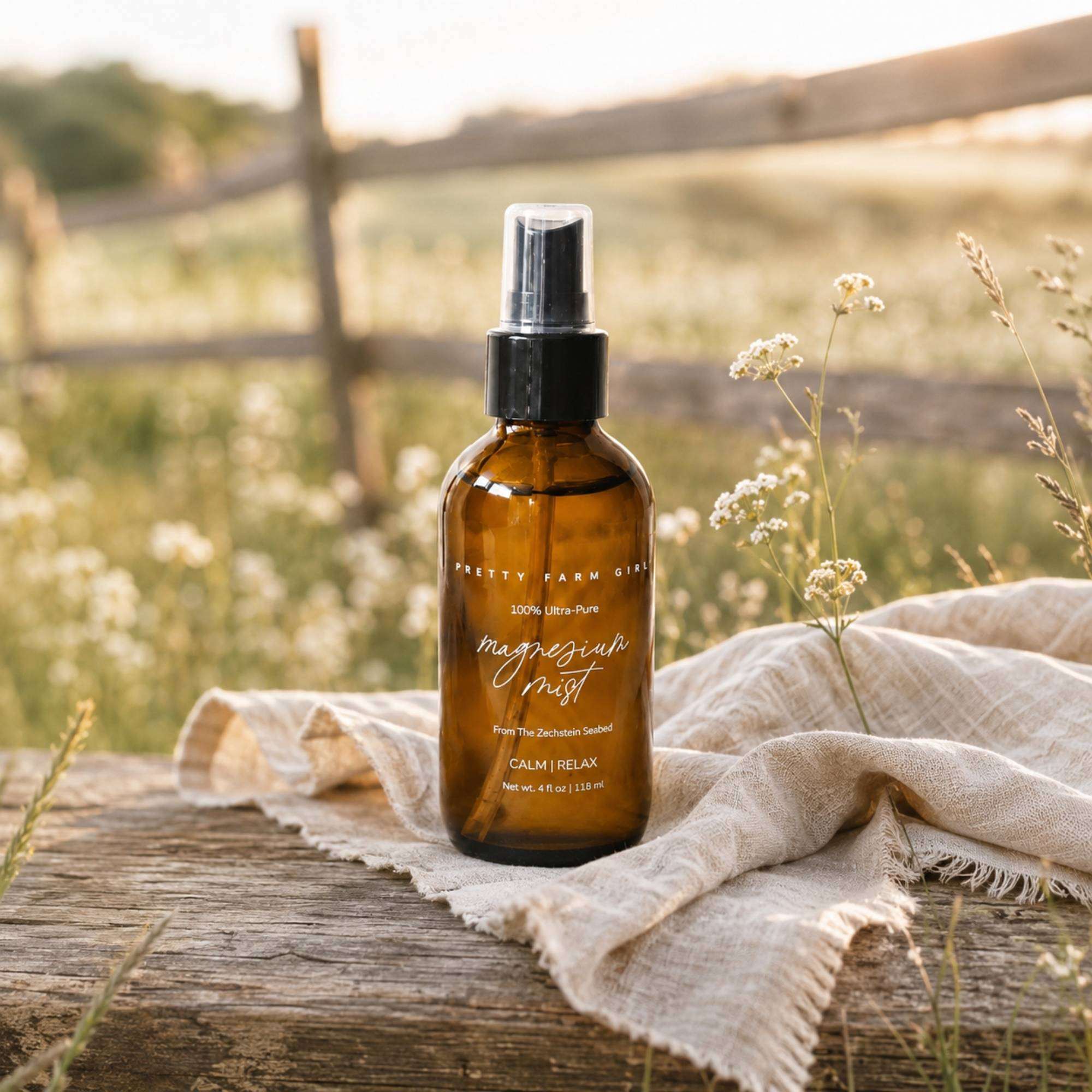 Magnesium Mist Body Spray in an amber glass bottle with black spray top and white label lettering