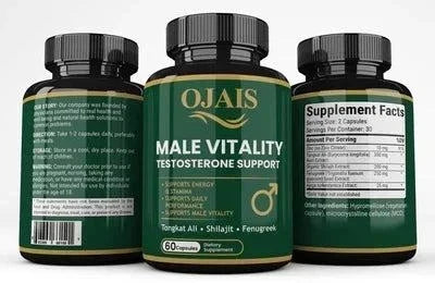 Male vitality support supplement in dark bottles with green and gold labels, black caps, and testosterone support claims.