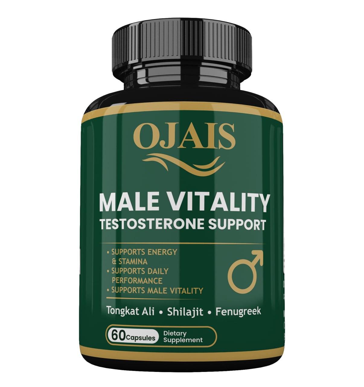 Testosterone support supplement in a dark green plastic bottle with black cap, gold trim, and male vitality support label.