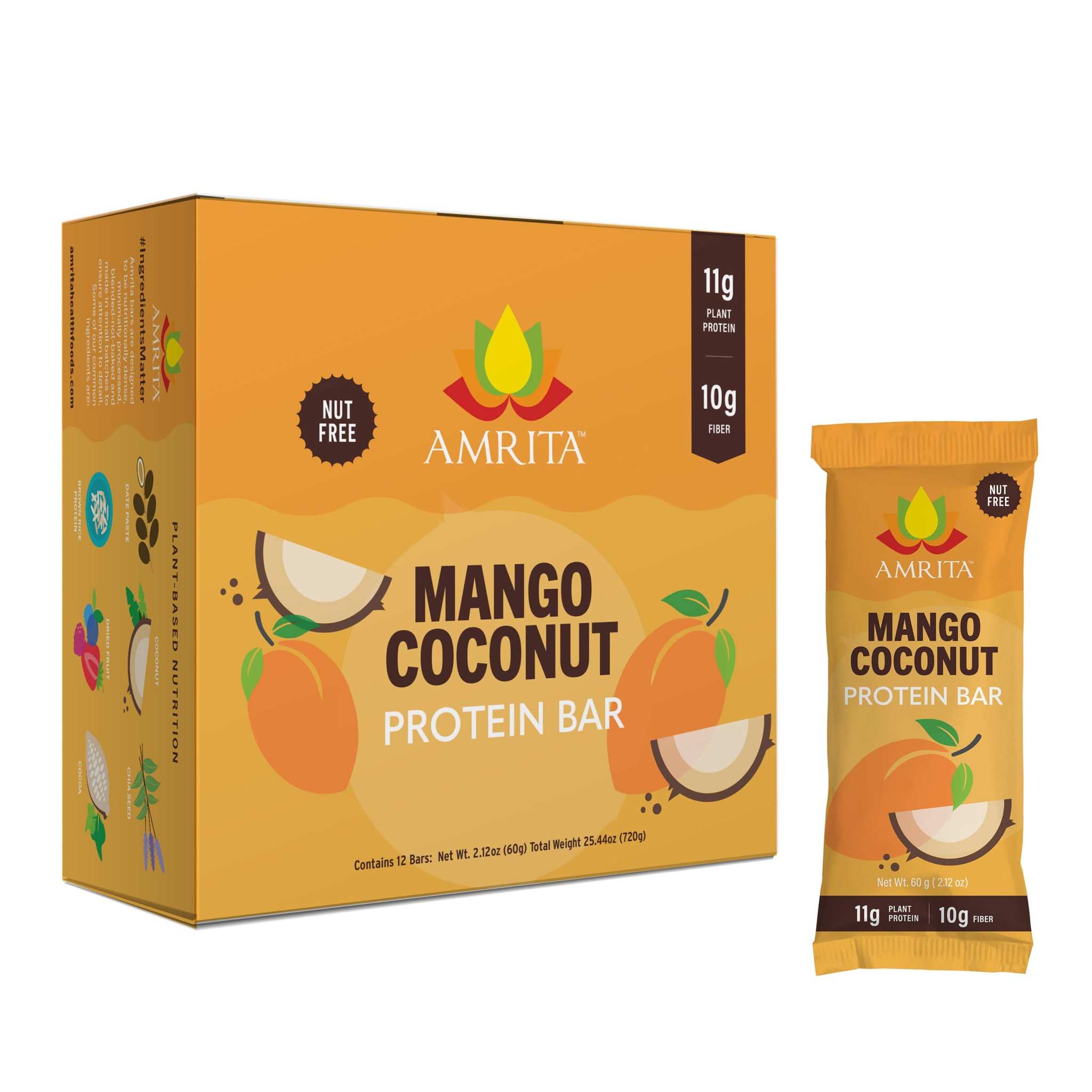 Mango Coconut protein bar packaging in orange, showing mango and coconut illustrations, with 11g plant protein and 10g fiber