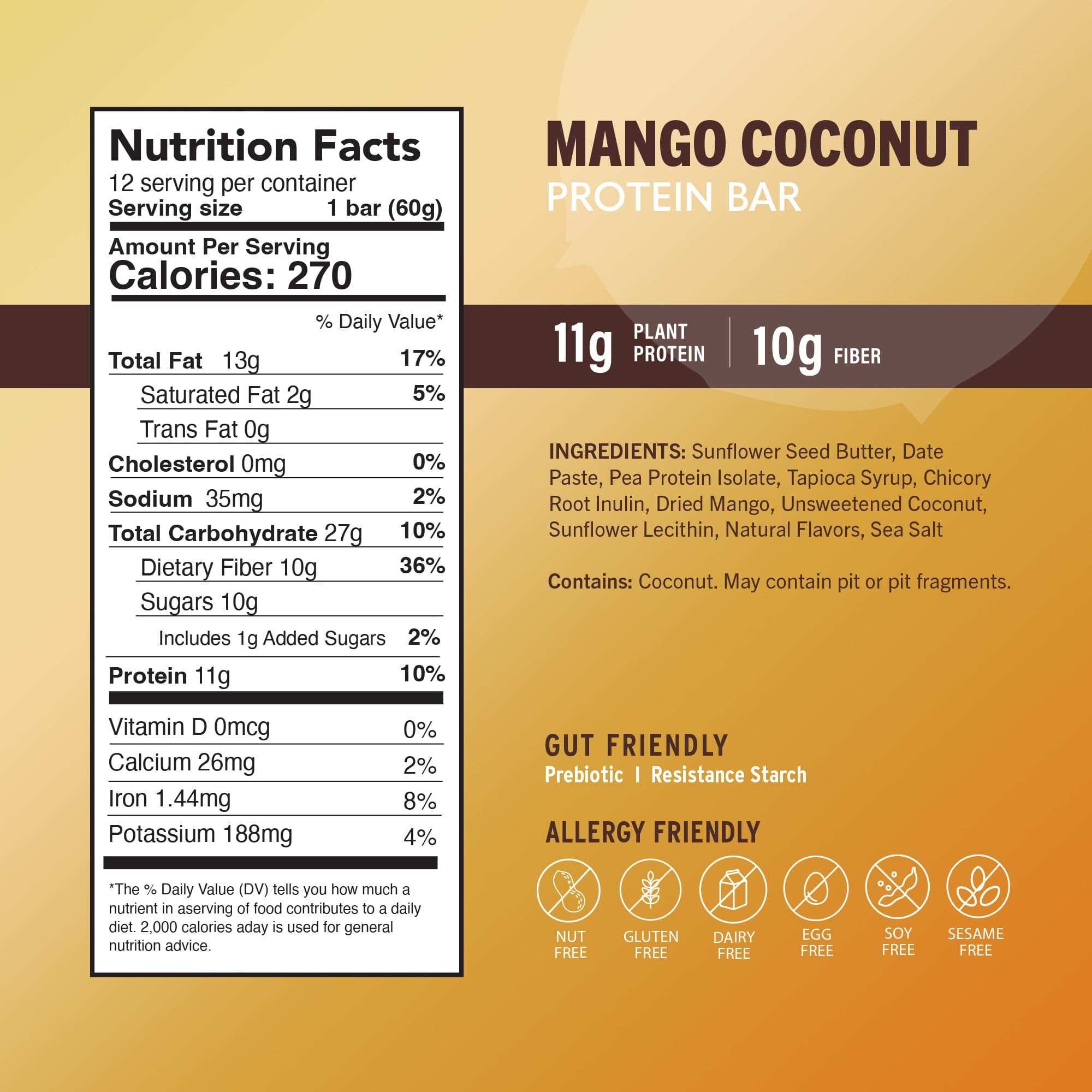 Mango Coconut protein bar wrapper in yellow-orange with bold brown lettering and nutrition facts, protein and fiber details