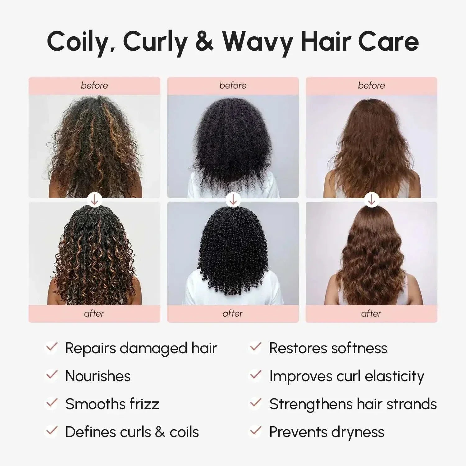Maree Curl Repair Mask hair care graphic showing before-and-after results for coily, curly and wavy hair