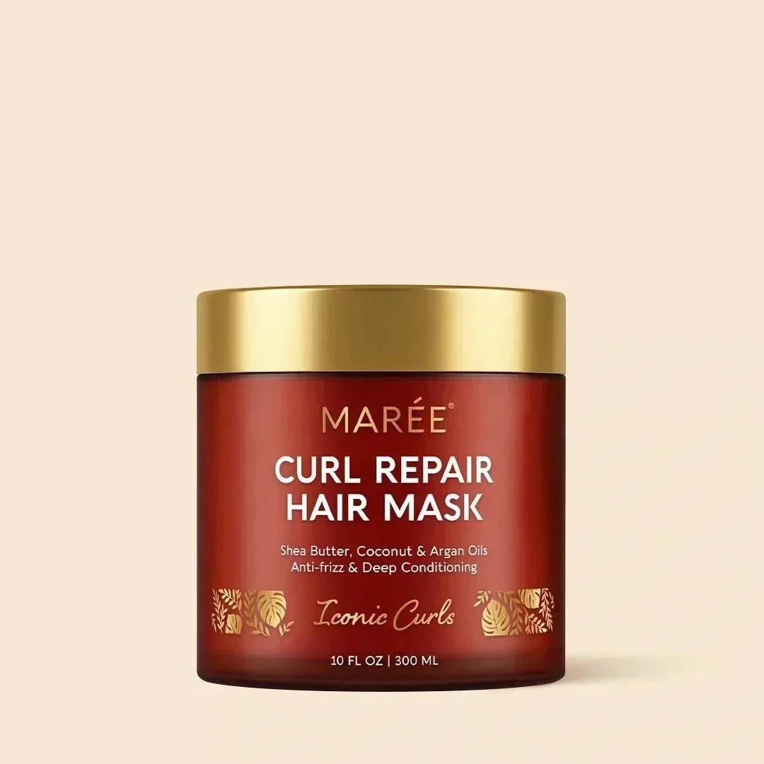 Maree Curl Repair Mask in a red-brown jar with a gold lid and gold botanical curl details