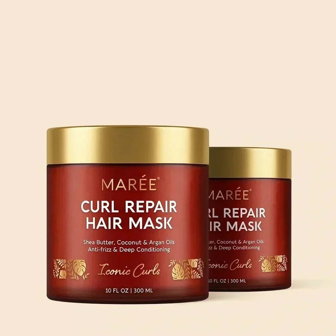 Maree Curl Repair Mask, red hair mask jars with gold lids, labelled curl repair hair mask and iconic curls