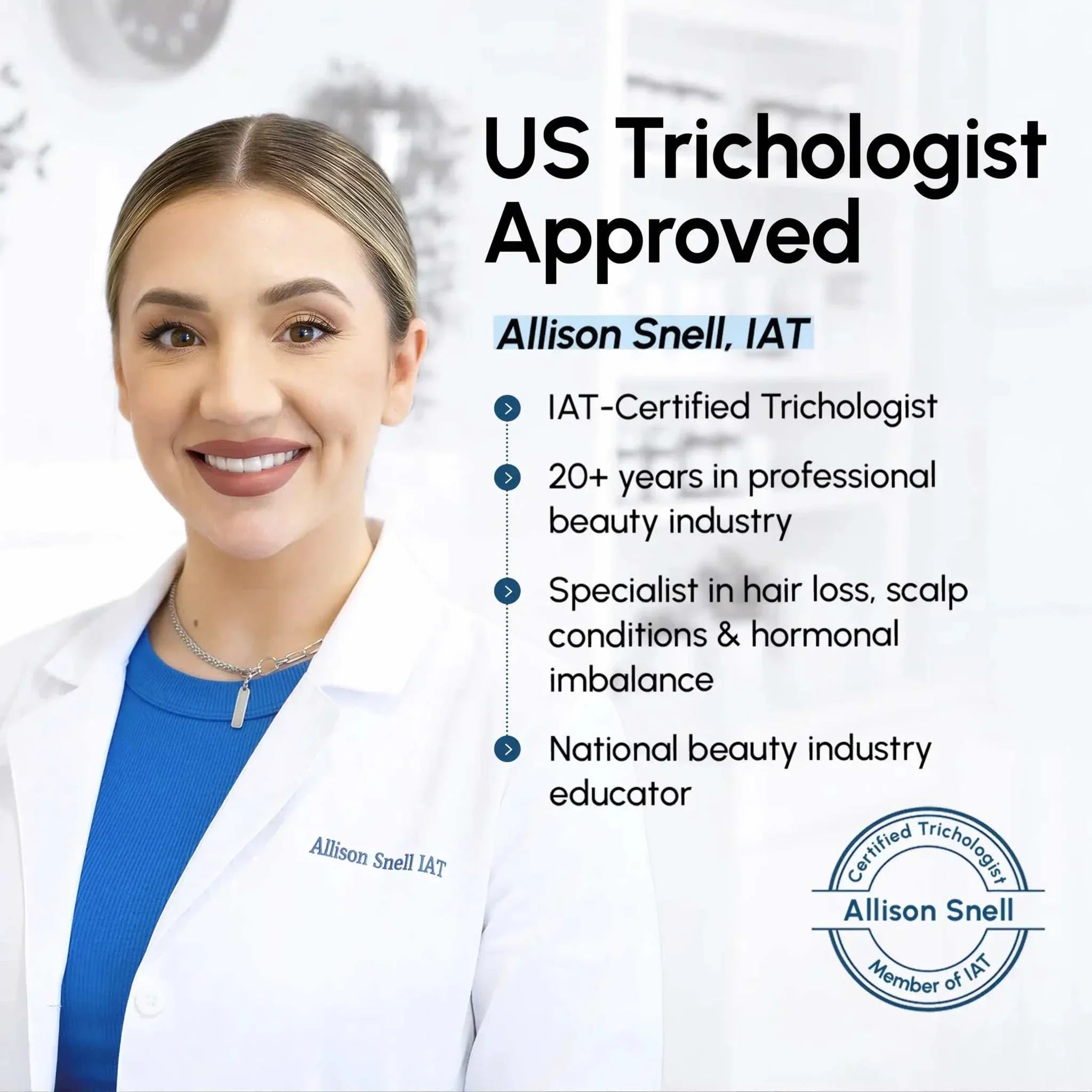 Maree Curl Repair Mask promotional graphic featuring trichologist Allison Snell in a white coat beside her credentials and approval seal