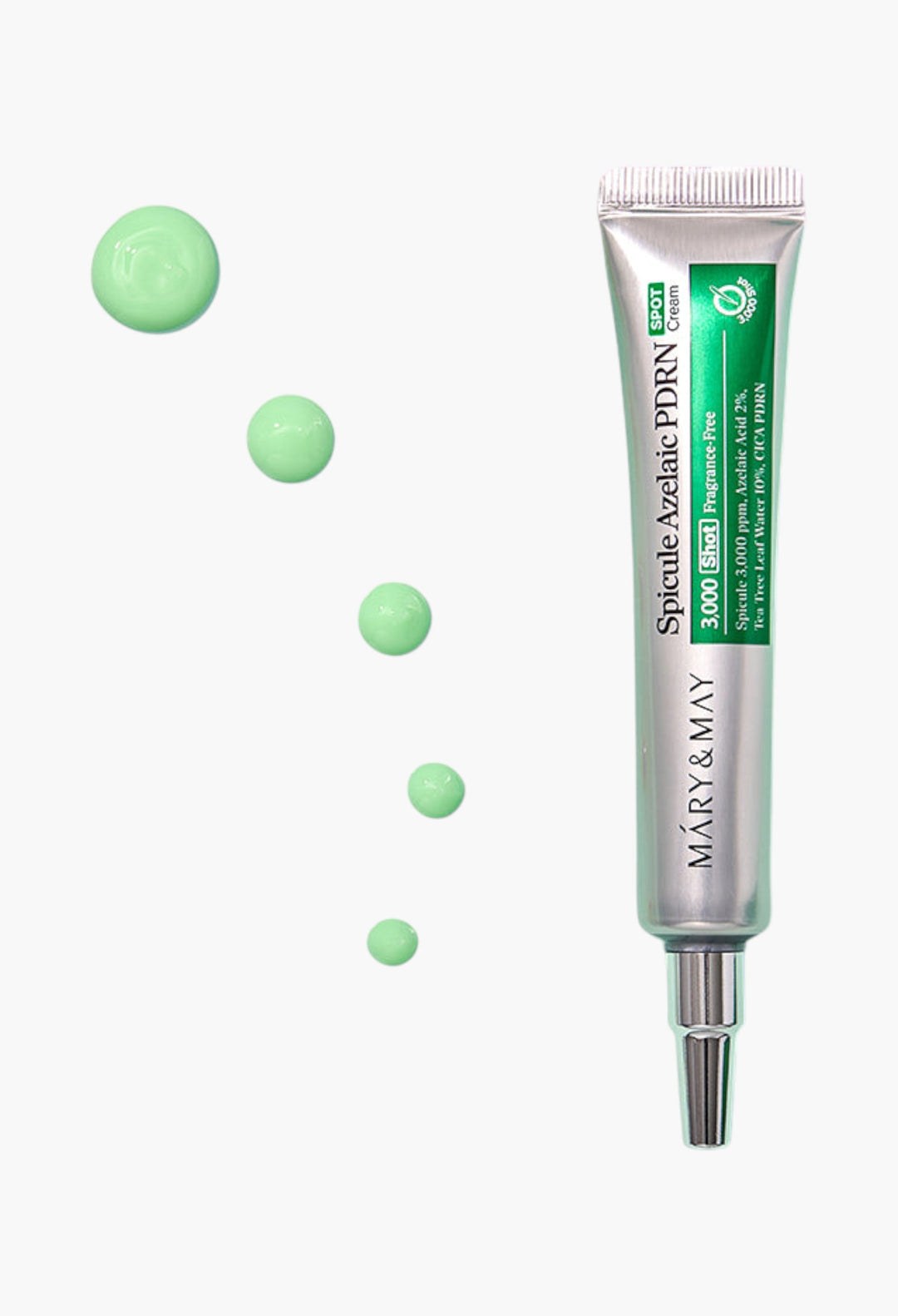Mary & May Spicule spot cream in a silver tube with green label and matching green cream drops